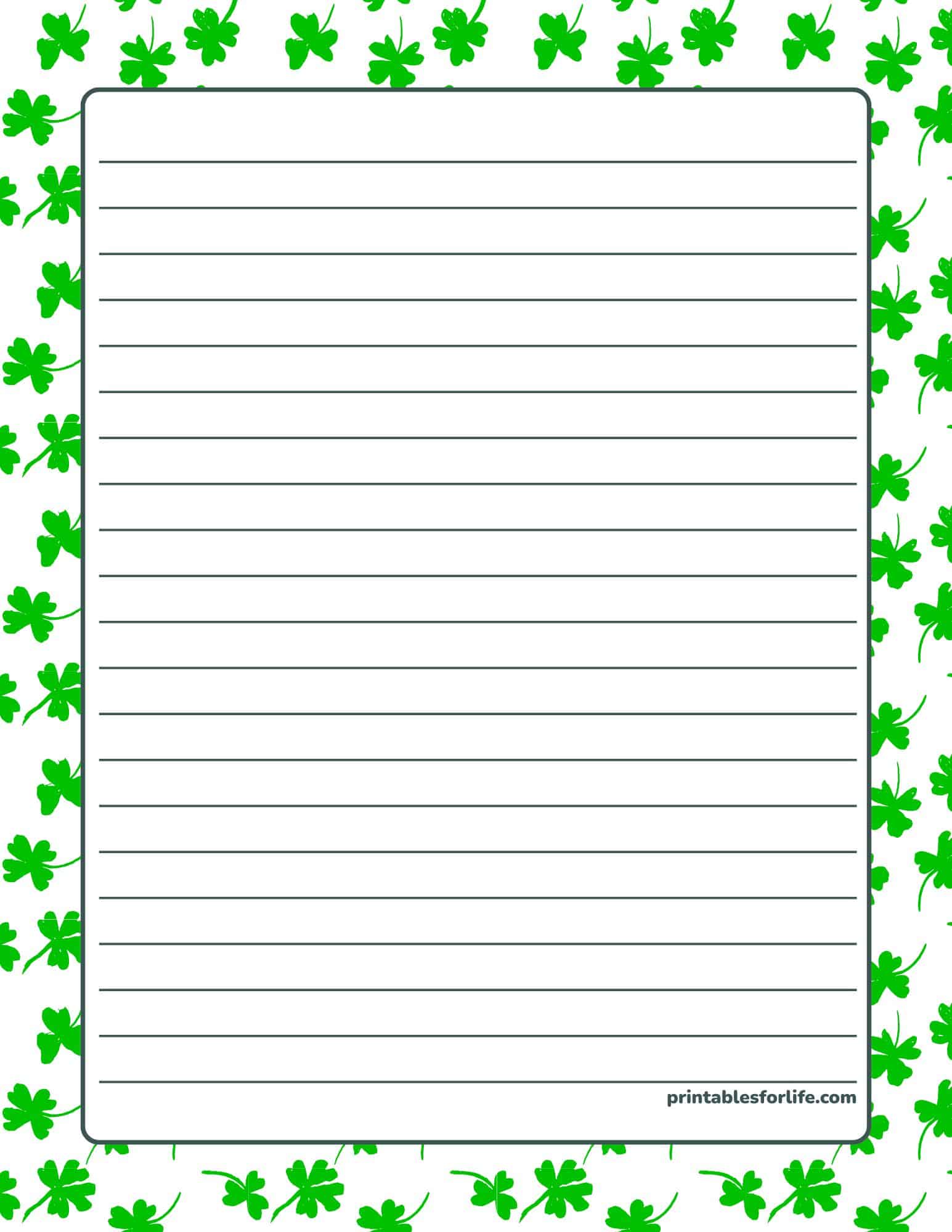 St. Patrick's Day lined paper with a green shamrock border, for notes and Saint Patrick's Day printables.