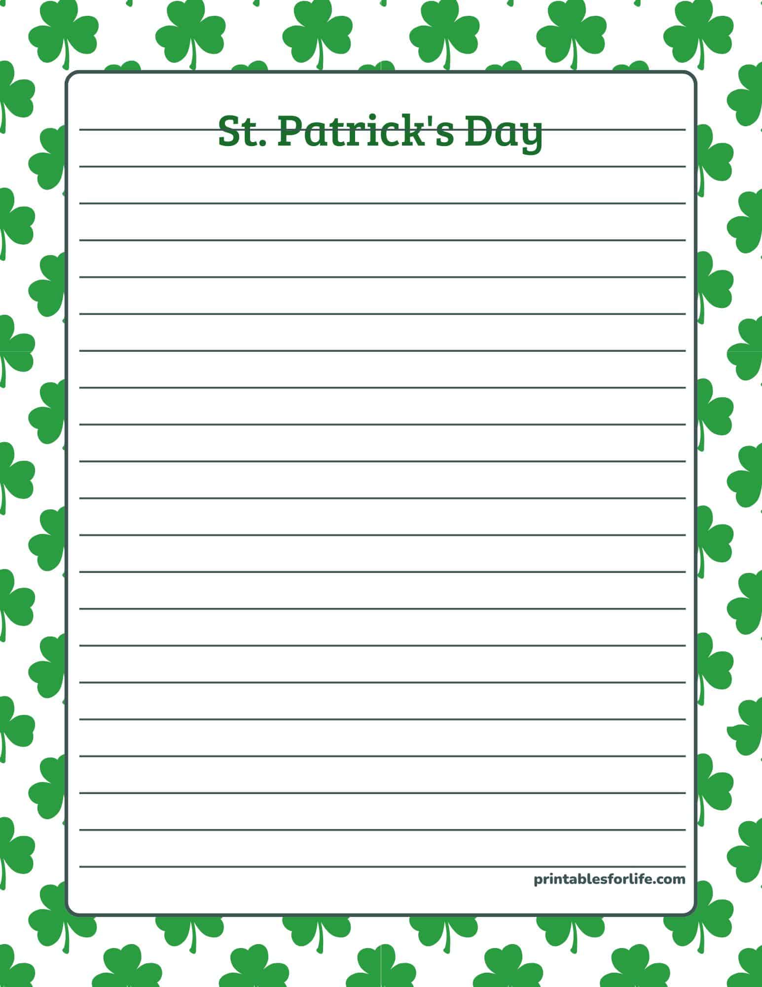St. Patrick's Day lined paper with a shamrock border for notes; printable, free stationery.