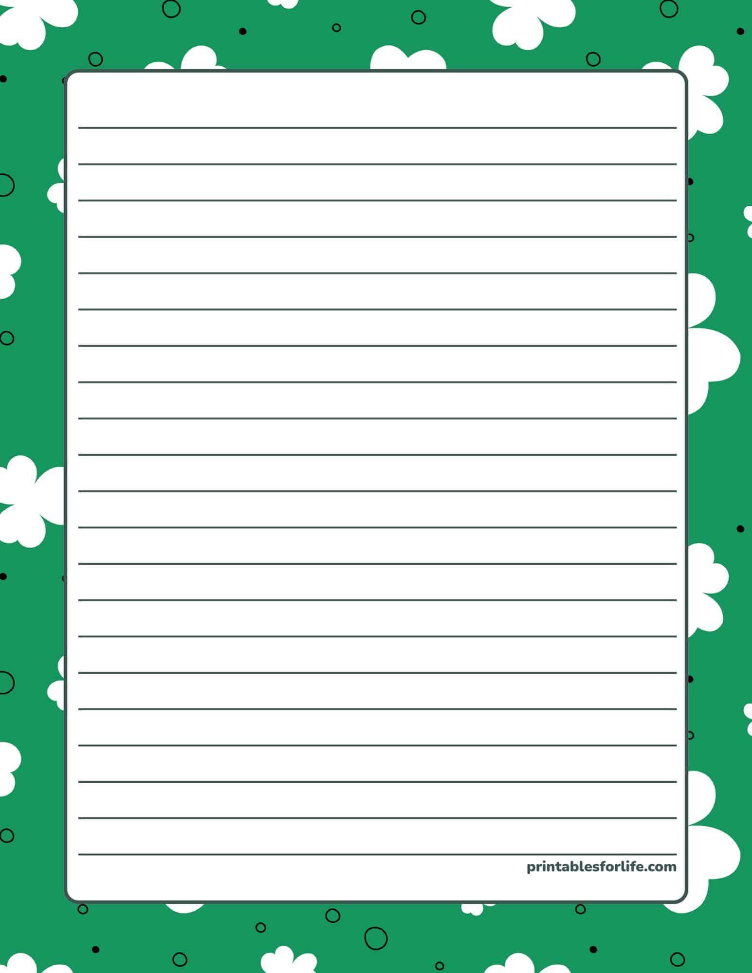 St. Patrick's Day lined paper on a green clover background for notes.