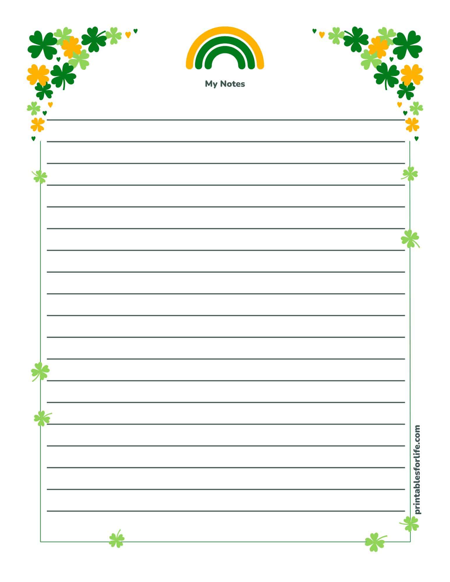 St. Patrick's Day lined paper with shamrock border, rainbow arch, and 'My Notes' header.