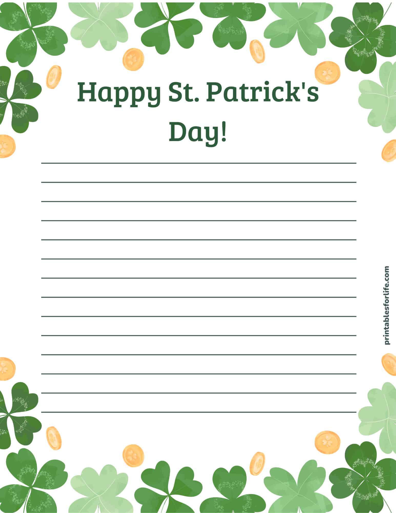 St. Patrick's Day lined paper printable with a clover border and ruled lines.