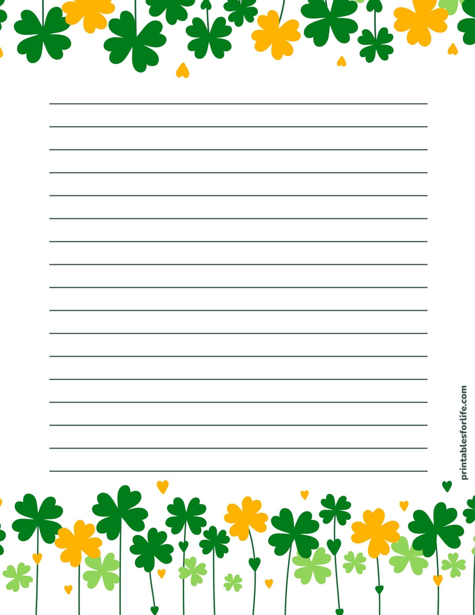 St. Patrick's Day lined paper with green and gold shamrocks for notes.