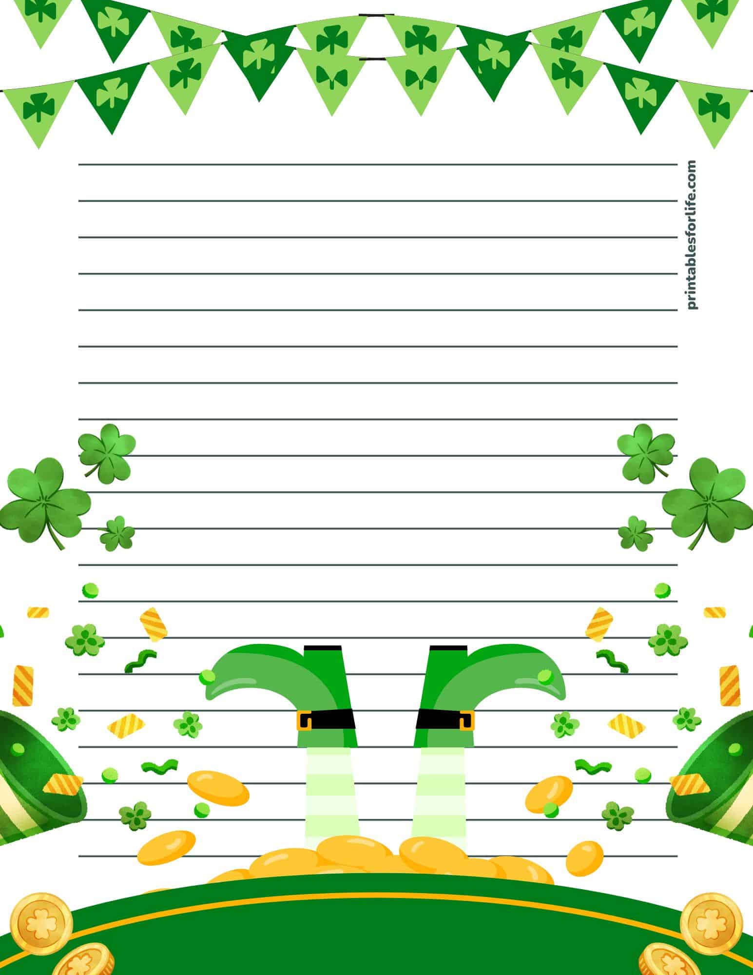 St. Patrick's Day lined paper with shamrocks, leprechaun boots, and gold coins for notes.