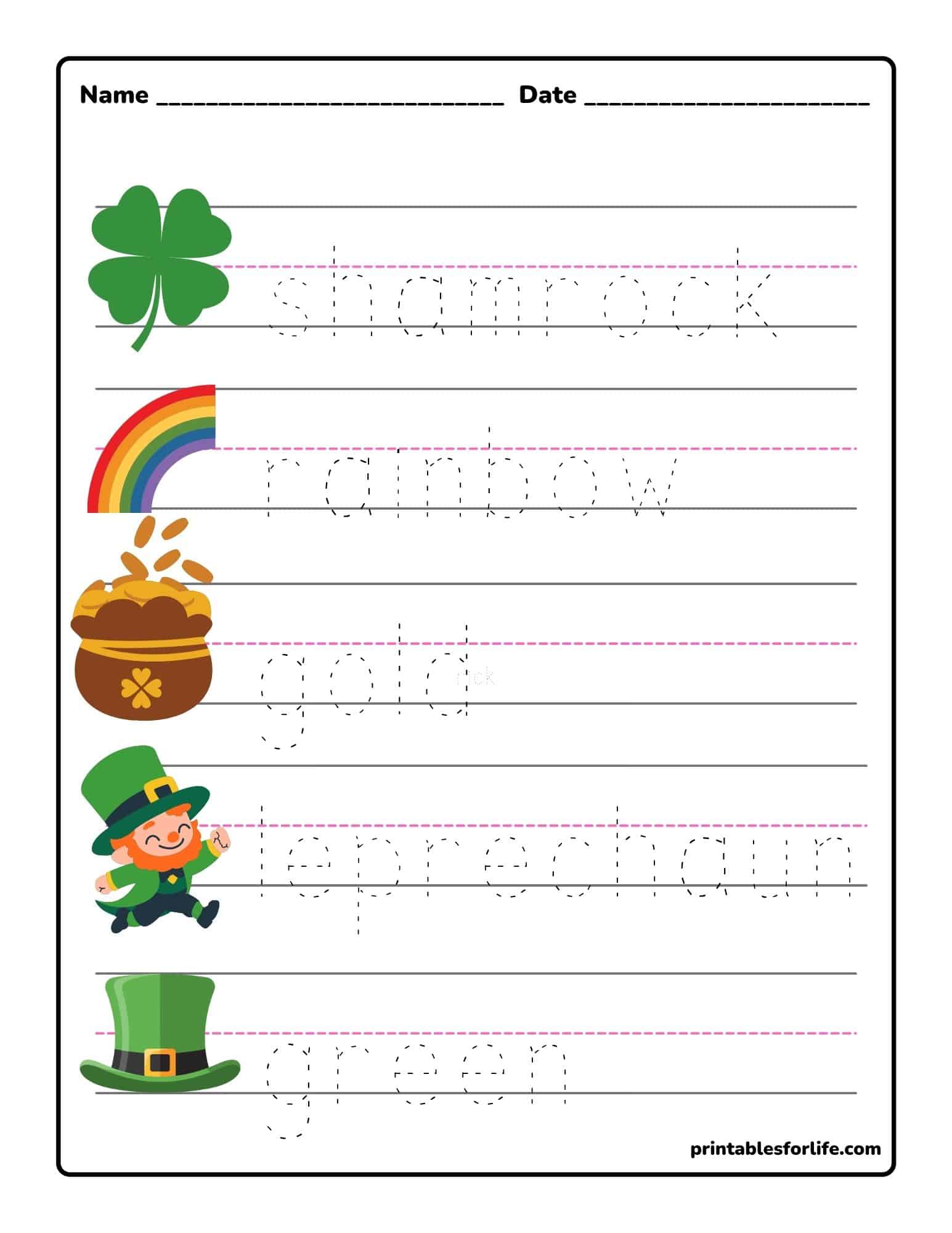 St. Patrick's Day printable literacy worksheet with dashed-letter tracing for words like shamrock and gold.