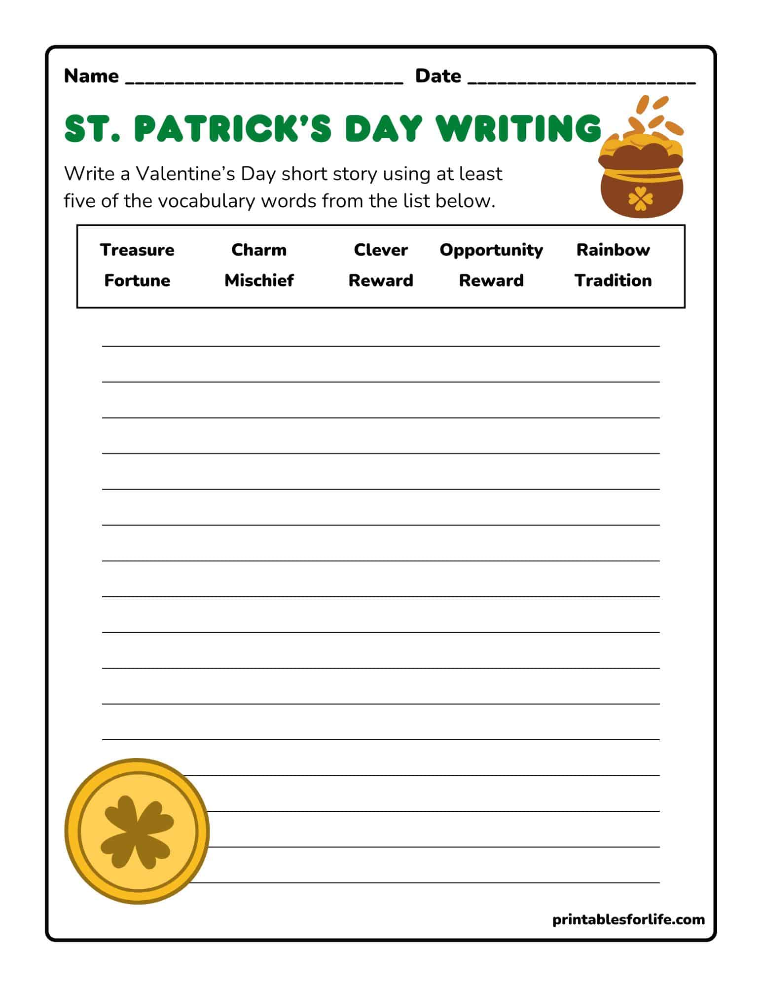 St. Patrick's Day writing worksheet with a vocabulary box, header, and lined writing space beside a pot of gold.
