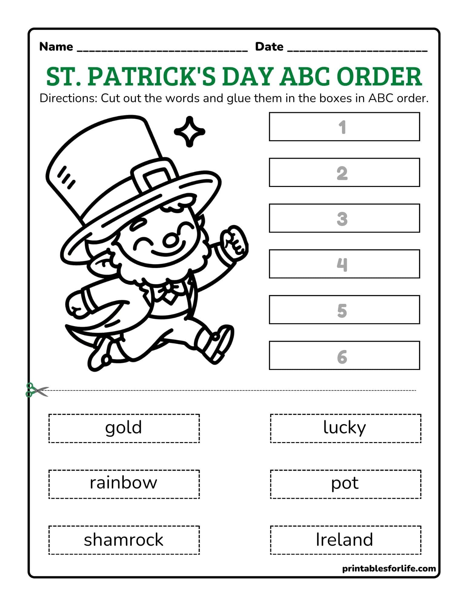 St. Patrick's Day ABC order printable worksheet with a leprechaun illustration for kindergarten.