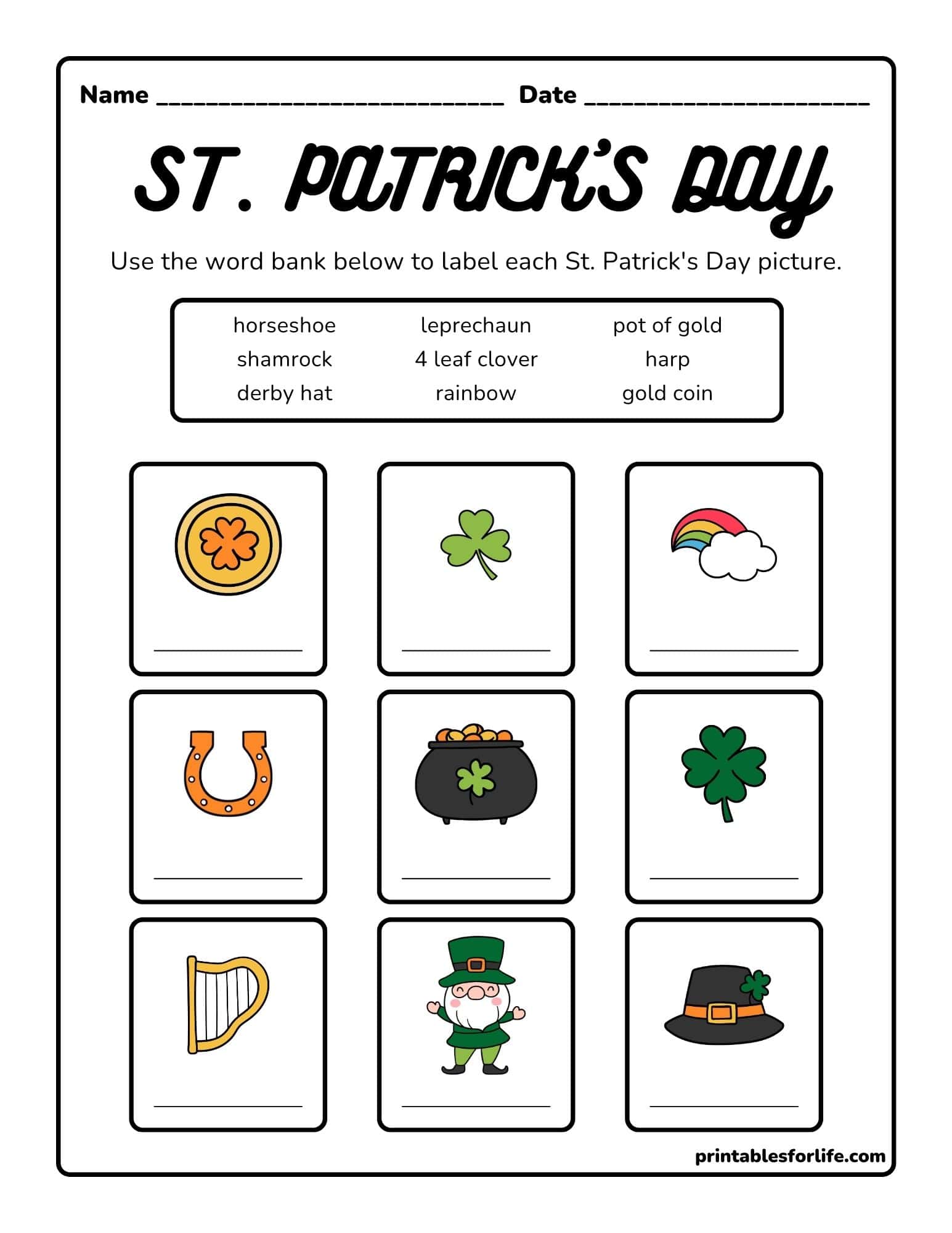 St. Patrick's Day printable literacy worksheet with nine pictures to label from a word bank.