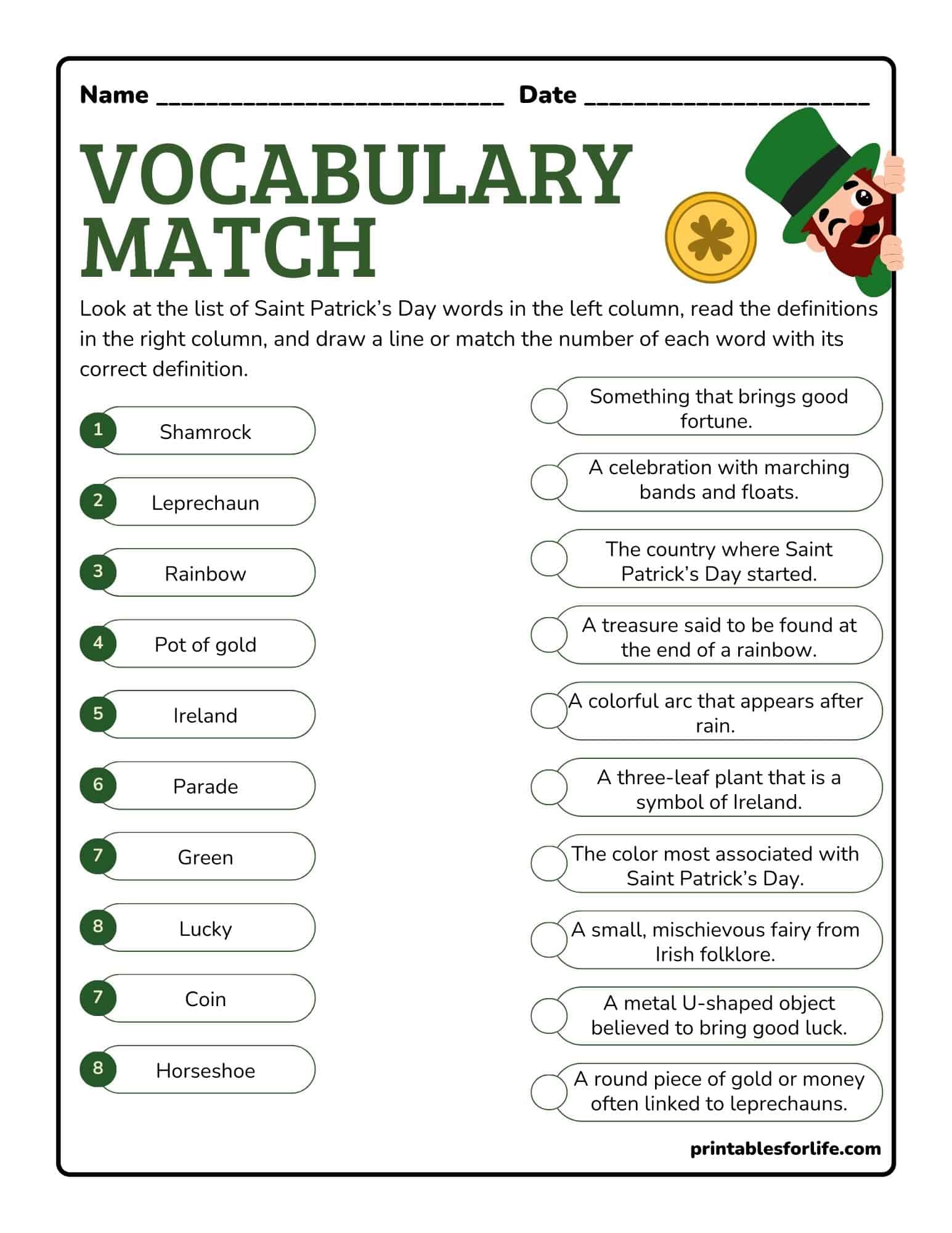 Saint Patrick's Day vocabulary match worksheet for kindergarten to elementary students.