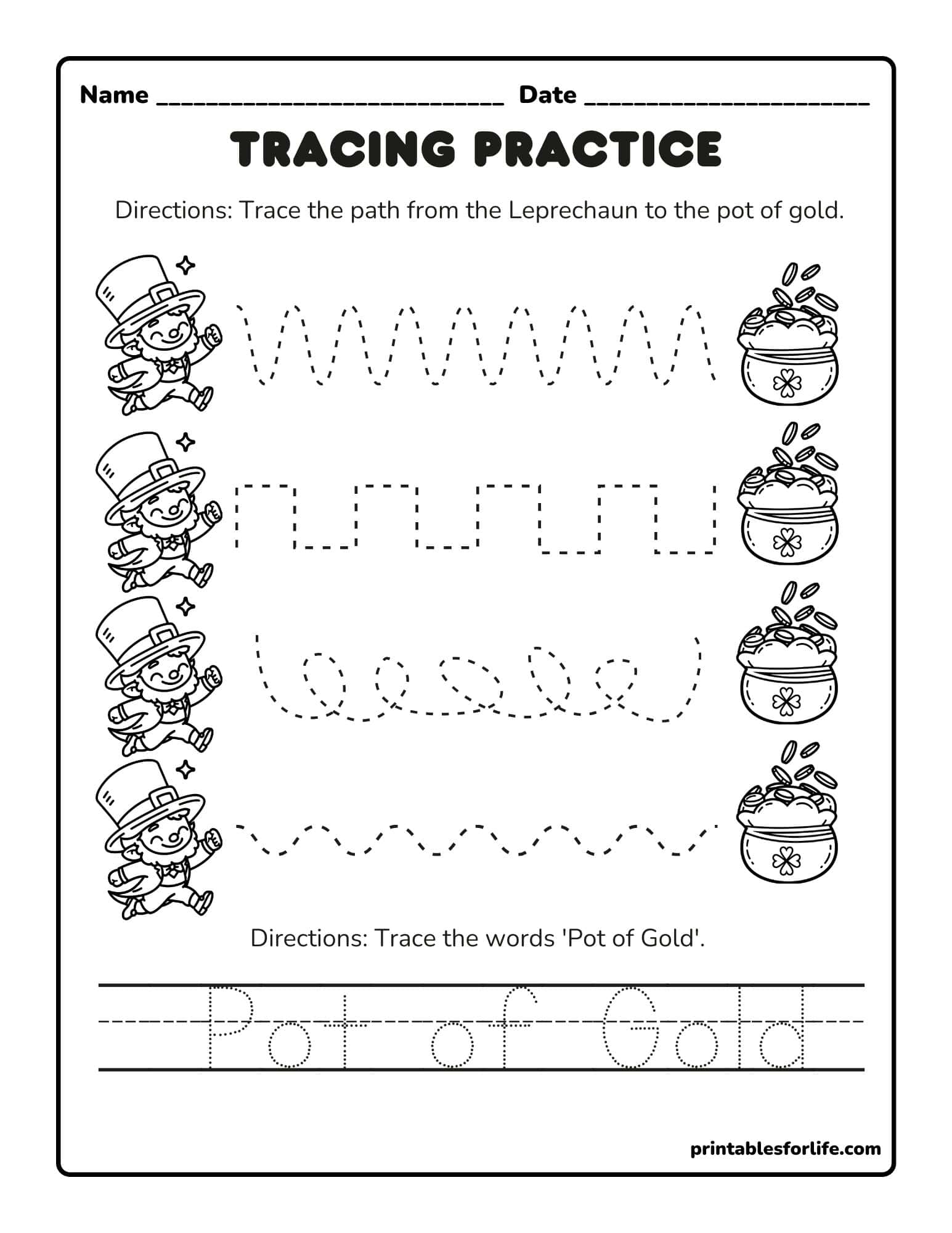 Saint Patrick's Day tracing practice worksheet with leprechauns and pots of gold for kindergarten and preschool.