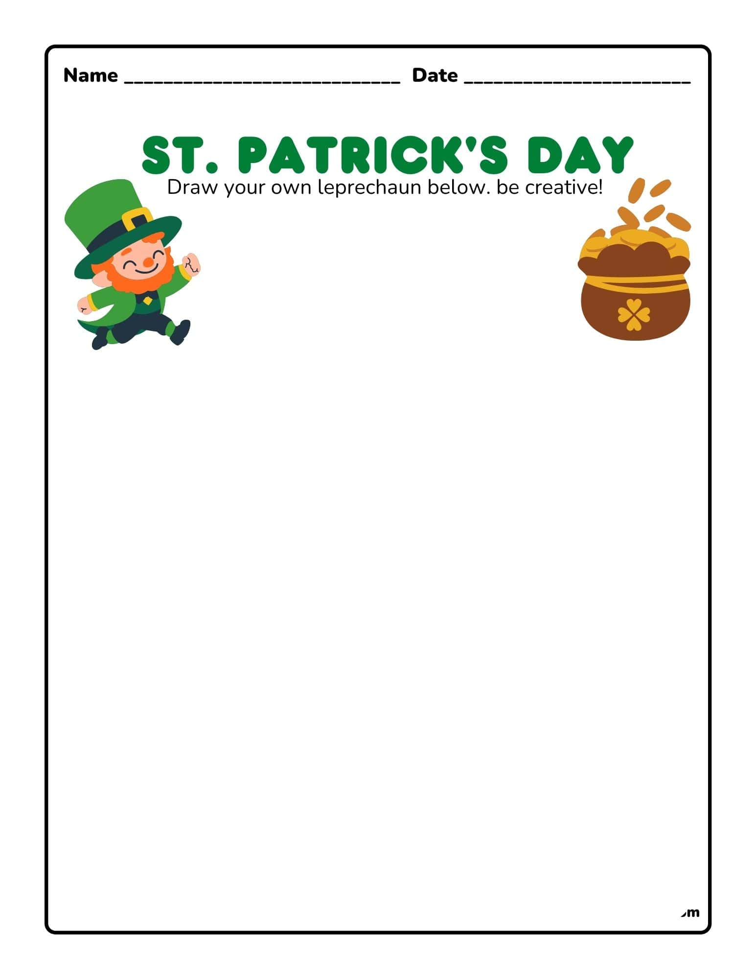 St. Patrick's Day printable worksheet with a leprechaun and pot of gold for drawing and early literacy.