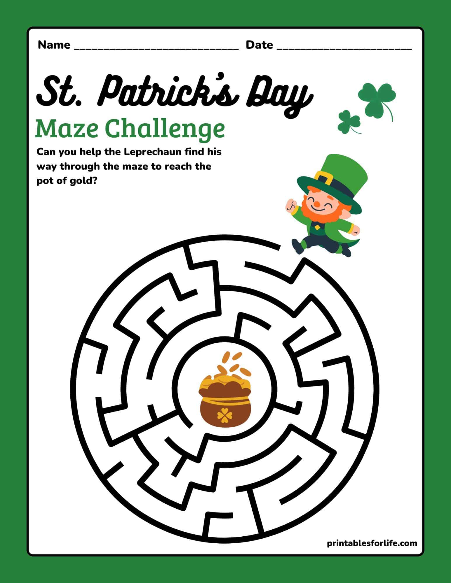 St. Patrick's Day maze printable for kindergarten and elementary, a free leprechaun maze with a pot of gold.