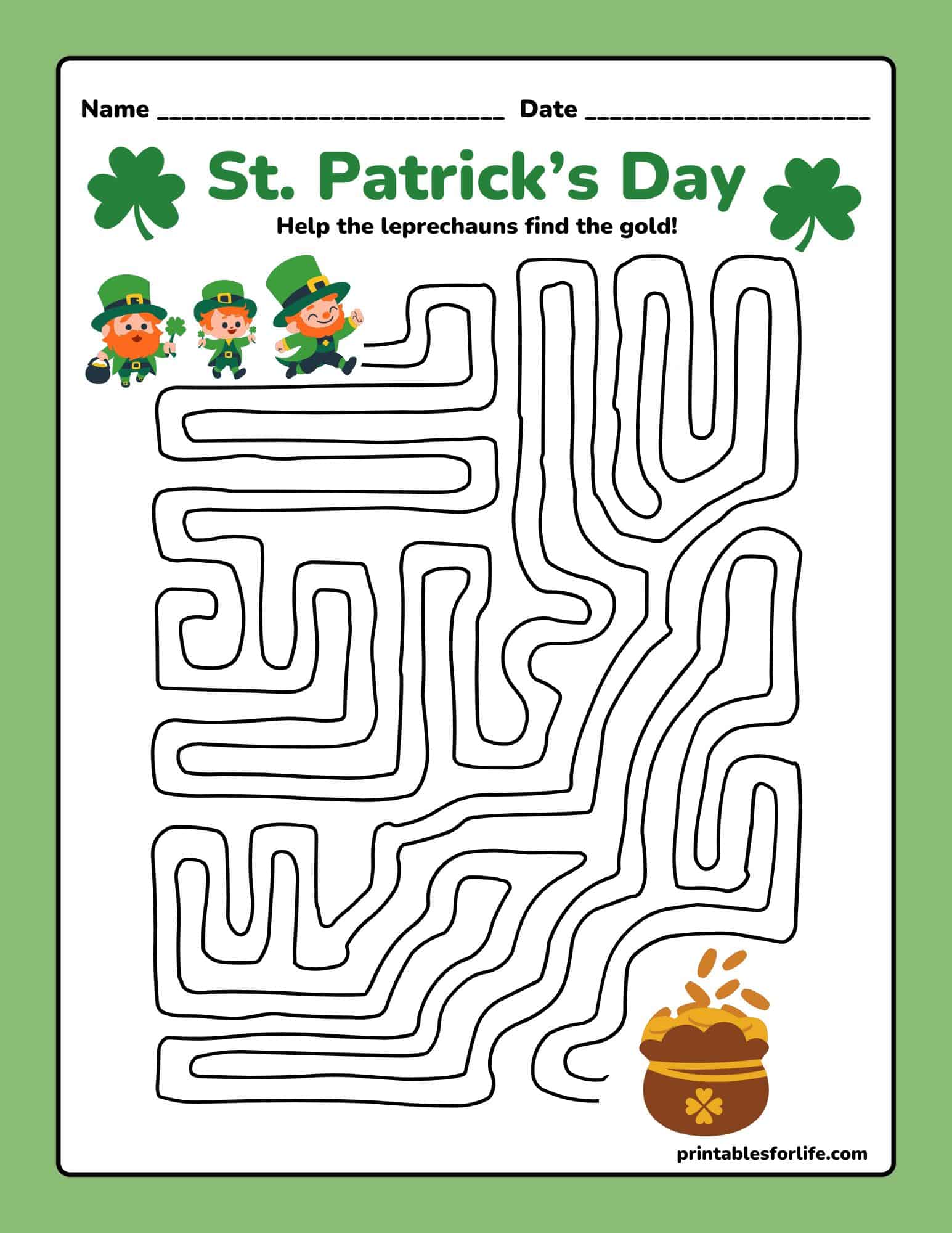 Free St. Patrick's Day maze printable for kindergarten to elementary.