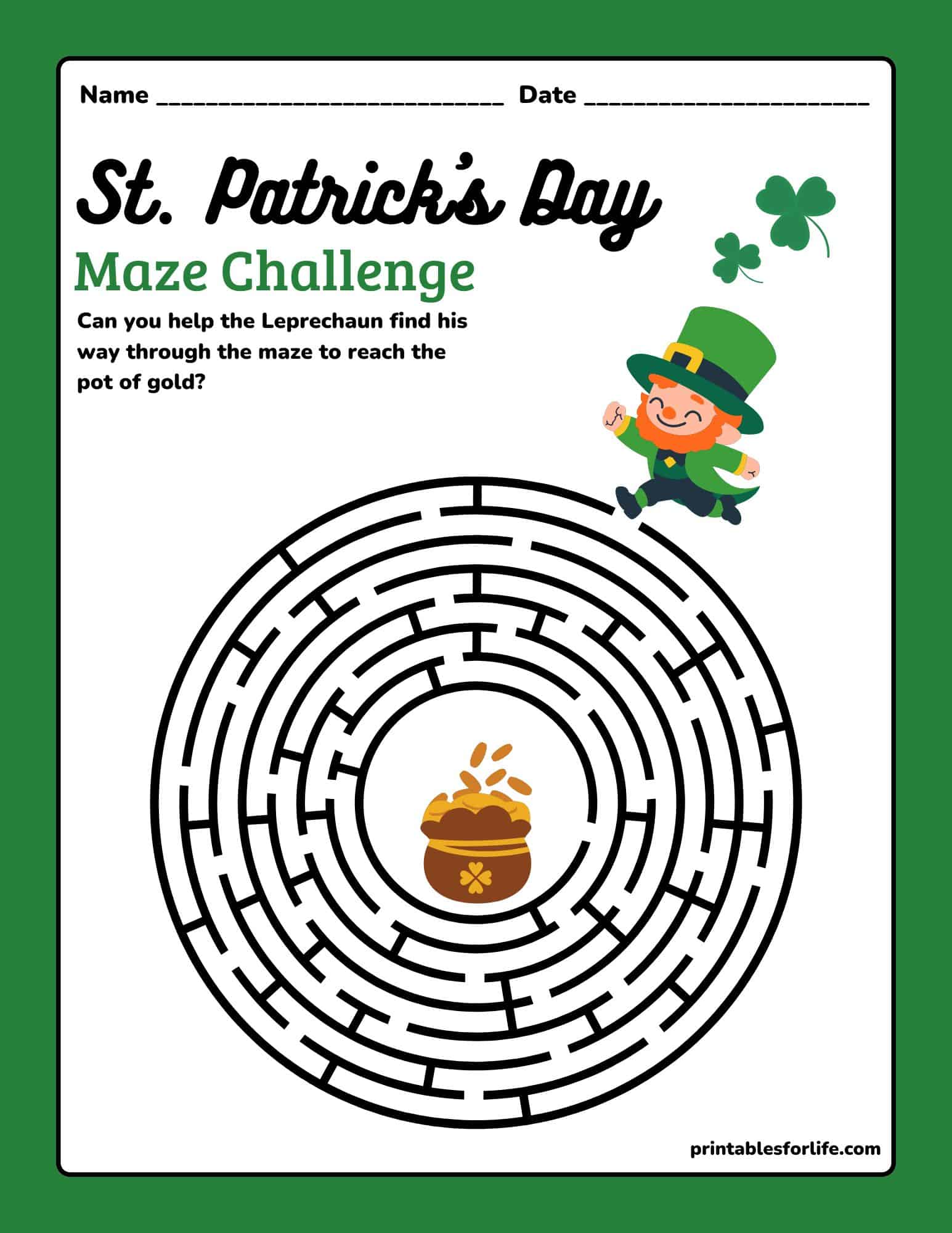 St. Patrick's Day mazes printable for kindergarten and preschool with a leprechaun and pot of gold.