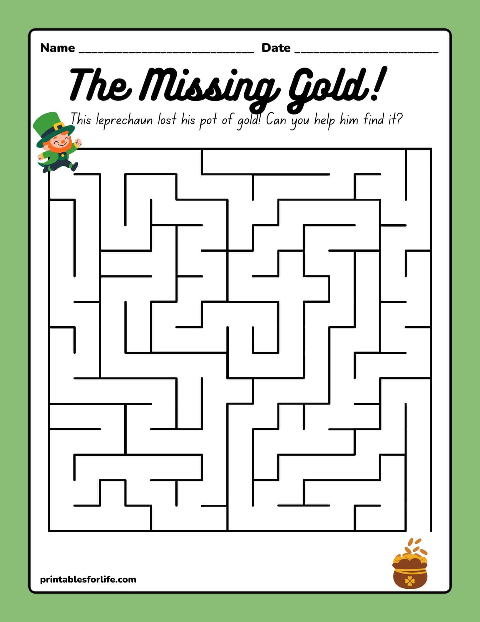 St. Patrick's Day maze worksheet with a leprechaun and pot of gold on a printable page.