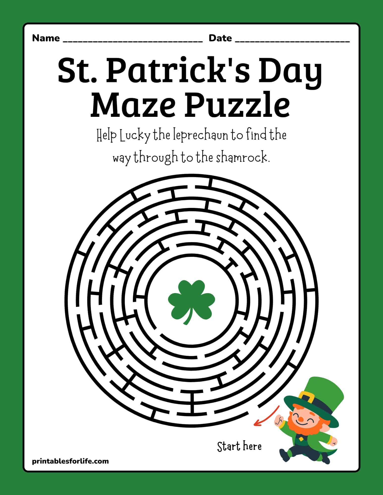 St. Patrick's Day maze puzzle printable with a shamrock center and 'Start here' cue.