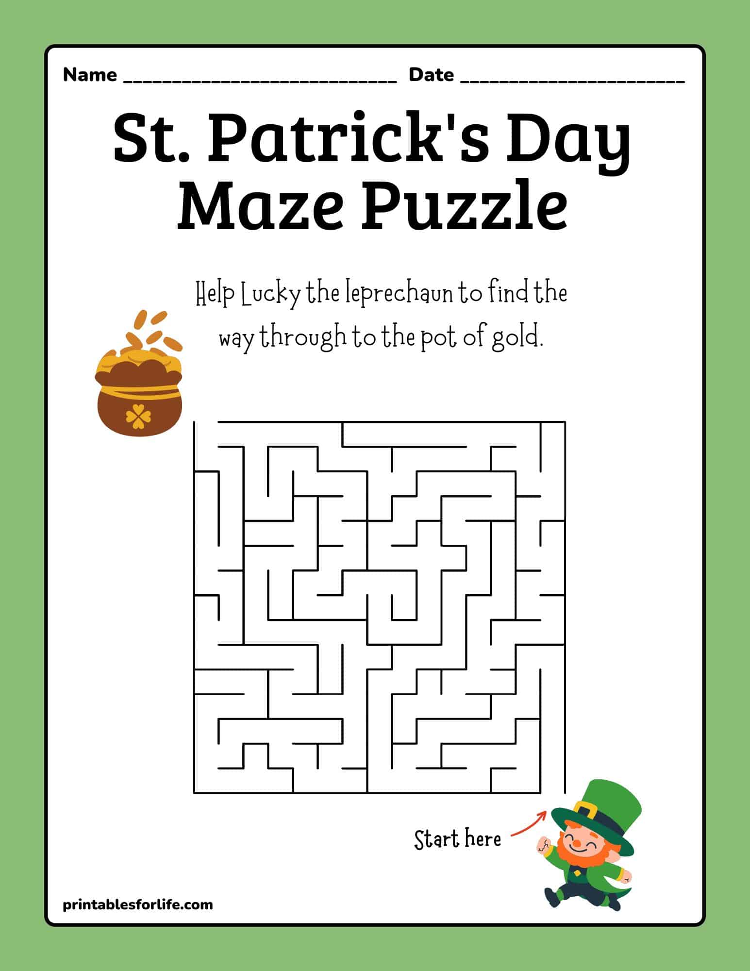 St. Patrick's Day maze puzzle printable with a pot of gold, leprechaun, and Start here cue.