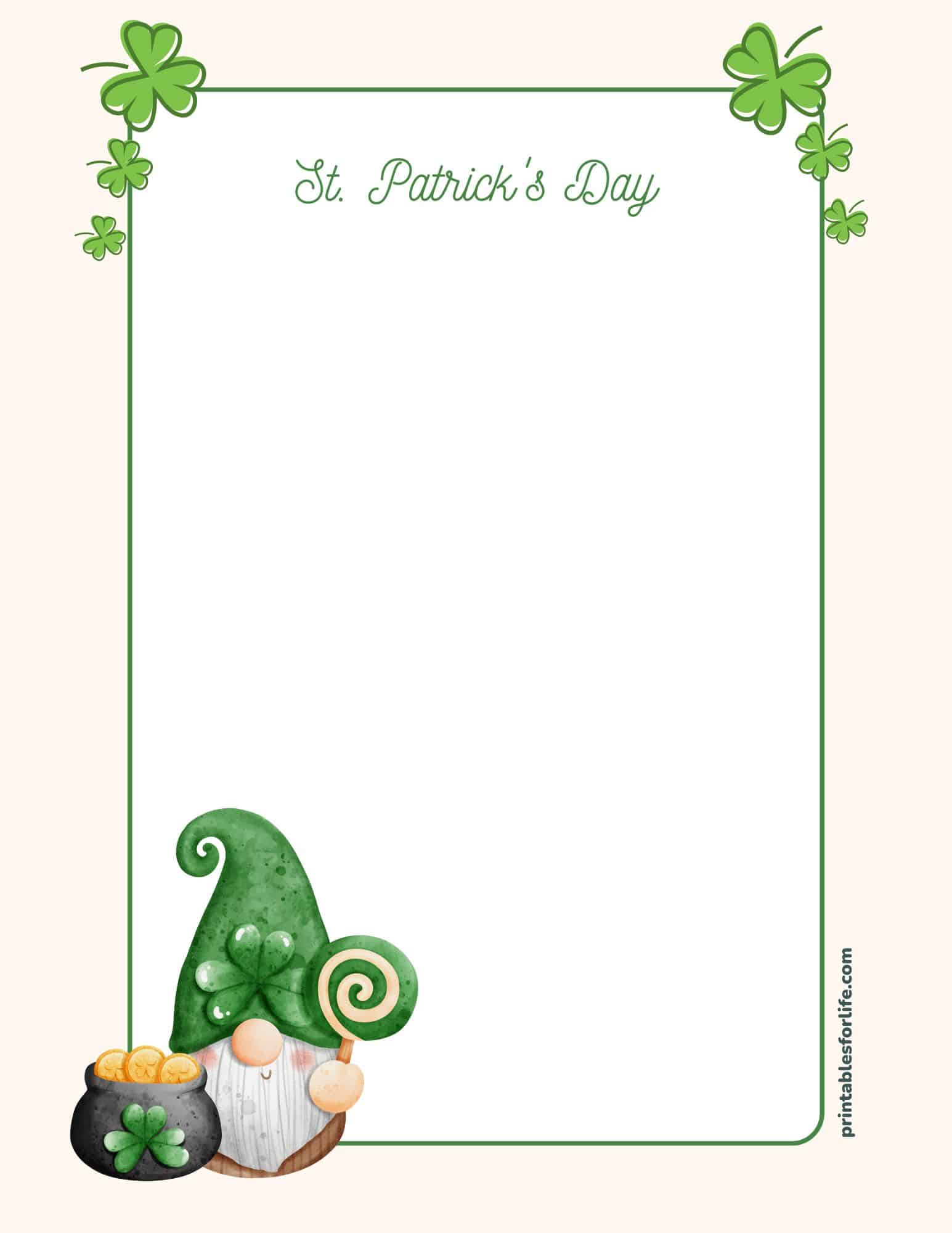 St. Patrick's Day paper with borders and a cute gnome illustration.