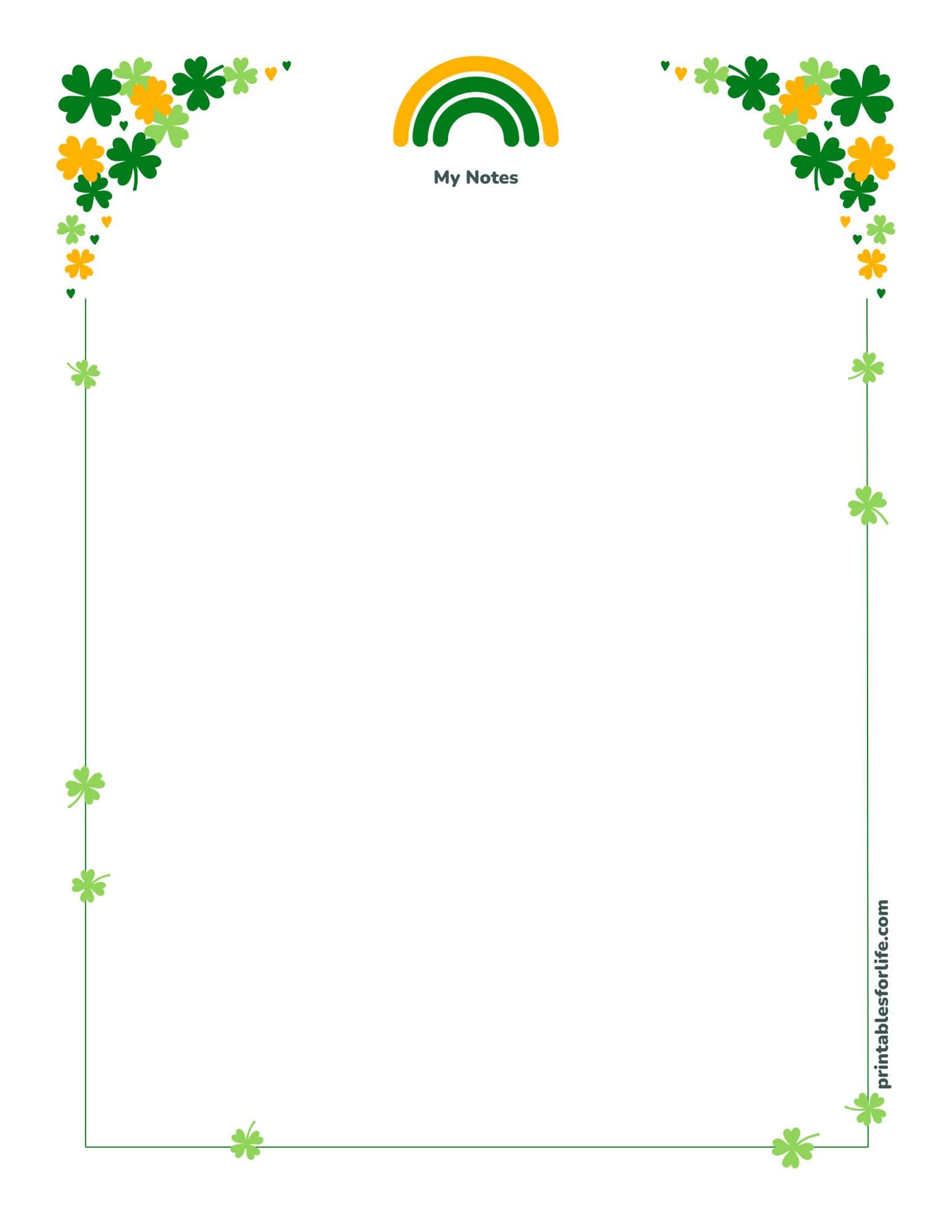 St. Patrick's Day paper with green borders and shamrock accents; blank stationery for notes.