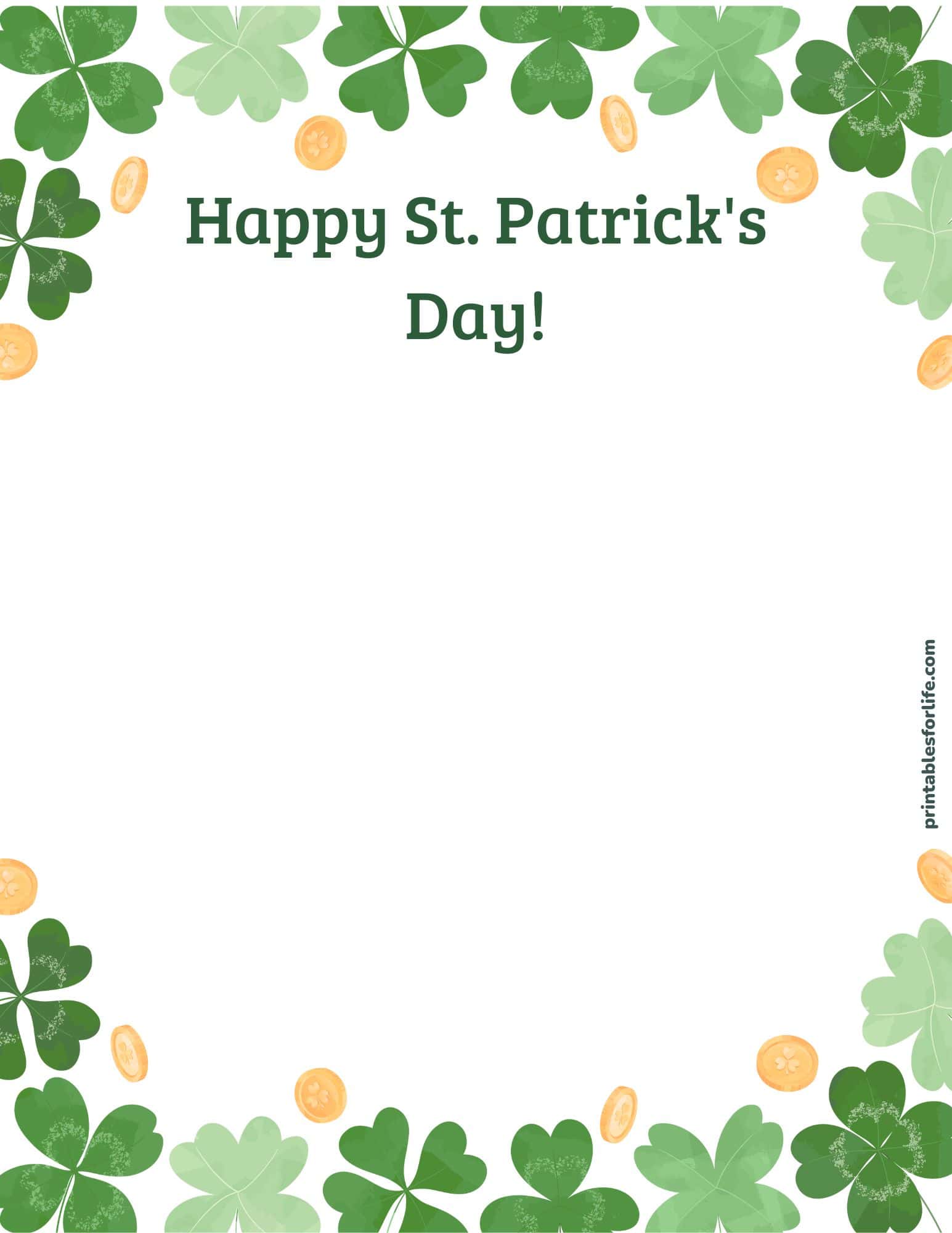 St. Patrick's Day paper with cute shamrock borders and gold coins for stationery or crafts.