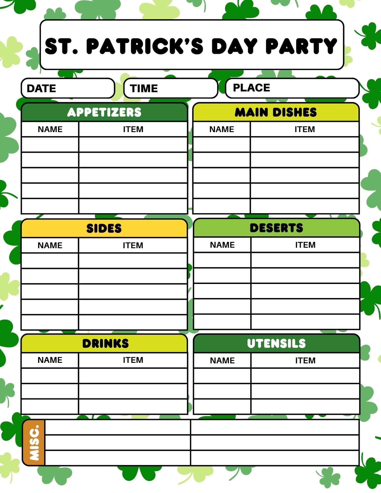 St. Patrick's Day party sign-up sheet with date, time, place and sections for appetizers, mains, sides, desserts, drinks, utensils.