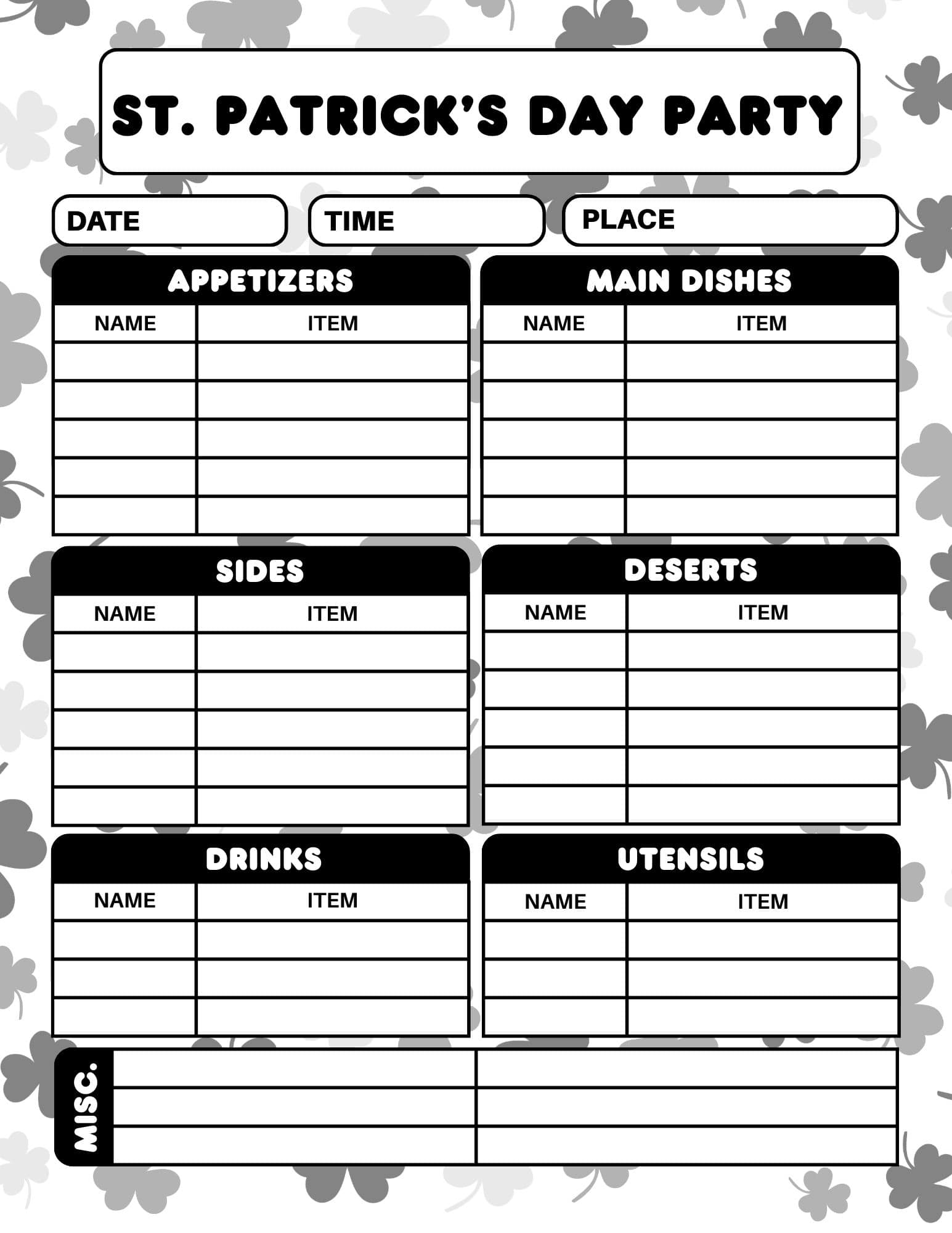 St. Patrick's Day party sign-up sheet with sections for appetizers, main dishes, sides, desserts, drinks, utensils, and misc.