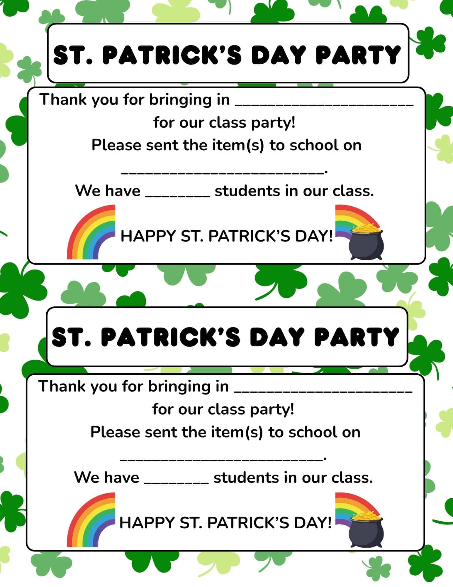St. Patrick's Day party sign-up reminder card with shamrocks, rainbow, and pot of gold.