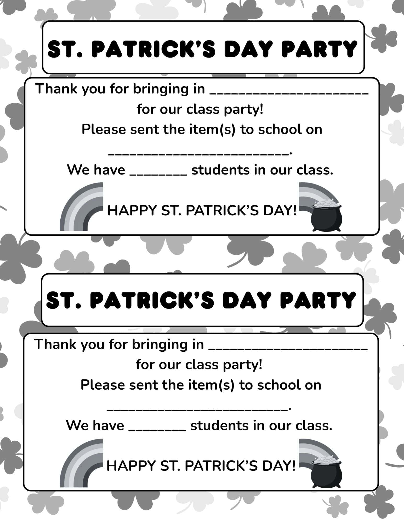 St. Patrick's Day party sign up reminder card with blanks for item, drop-off date, and student count on shamrock background.