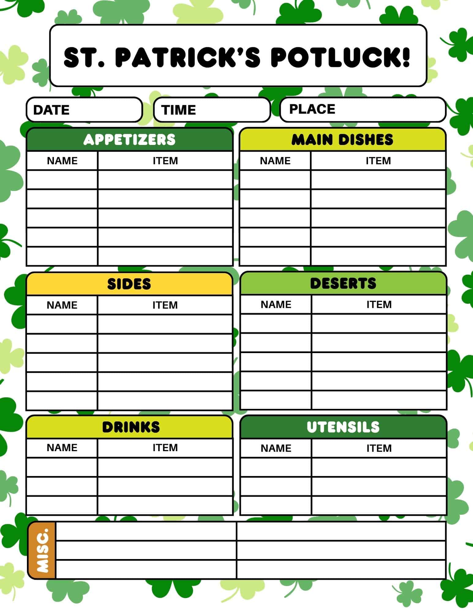 St. Patrick's Day potluck sign-up sheet with sections for appetizers, mains, sides, desserts, drinks, utensils, misc.