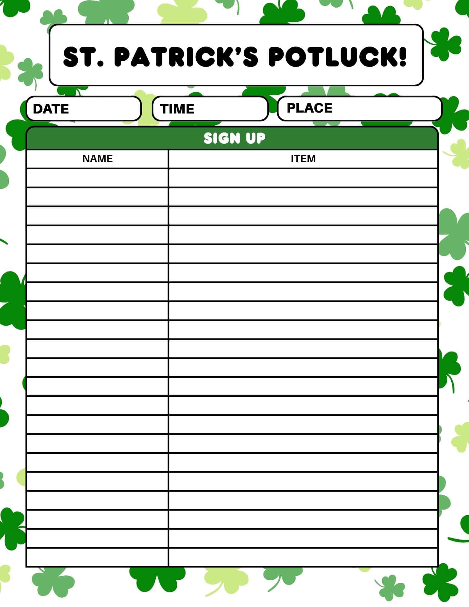 St. Patrick's Day potluck sign-up sheet with shamrock border and columns for name and item.