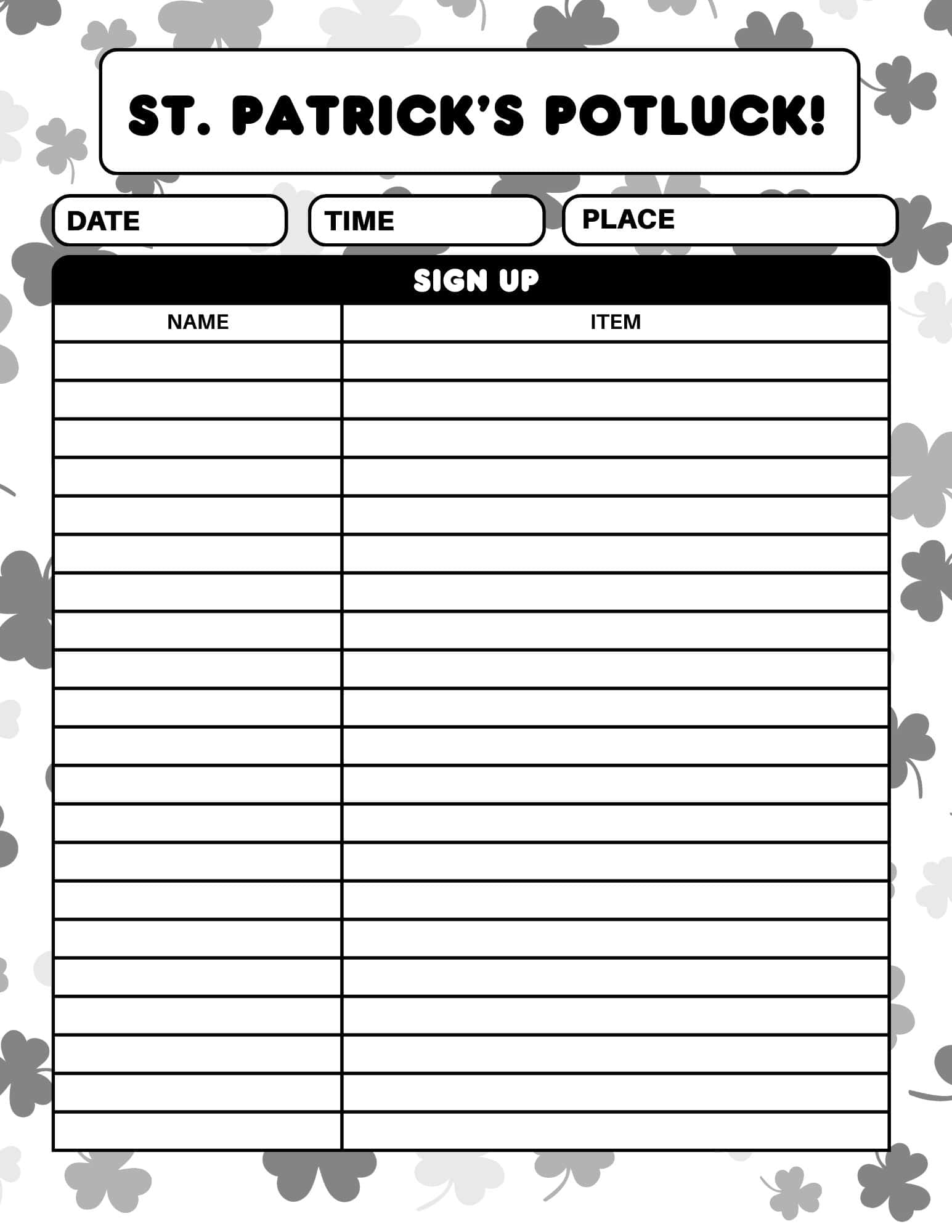 St. Patrick's Day potluck sign-up sheet with fields for date, time, place and columns for name and item.
