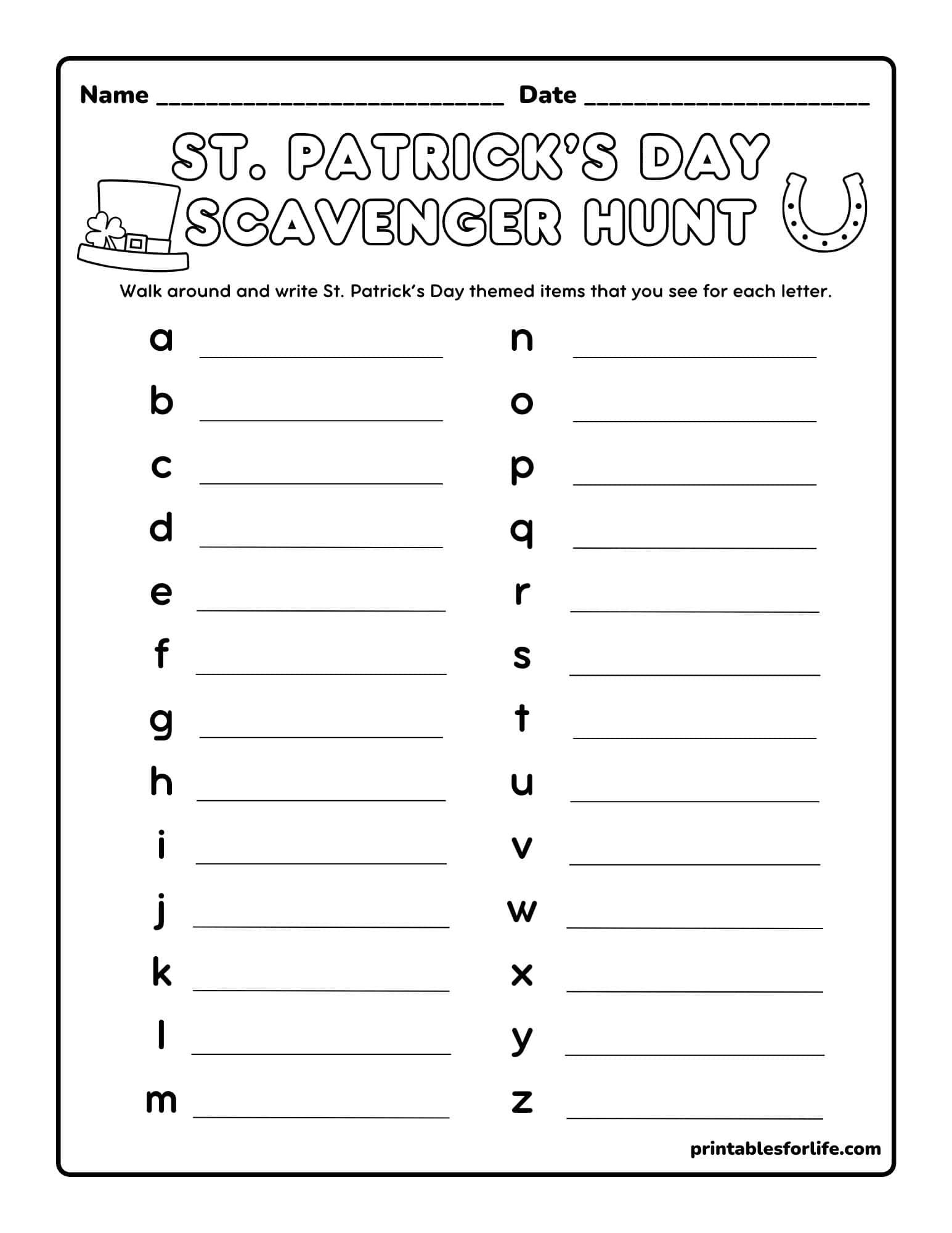 St. Patrick's Day scavenger hunt printable with alphabet letters and answer lines.