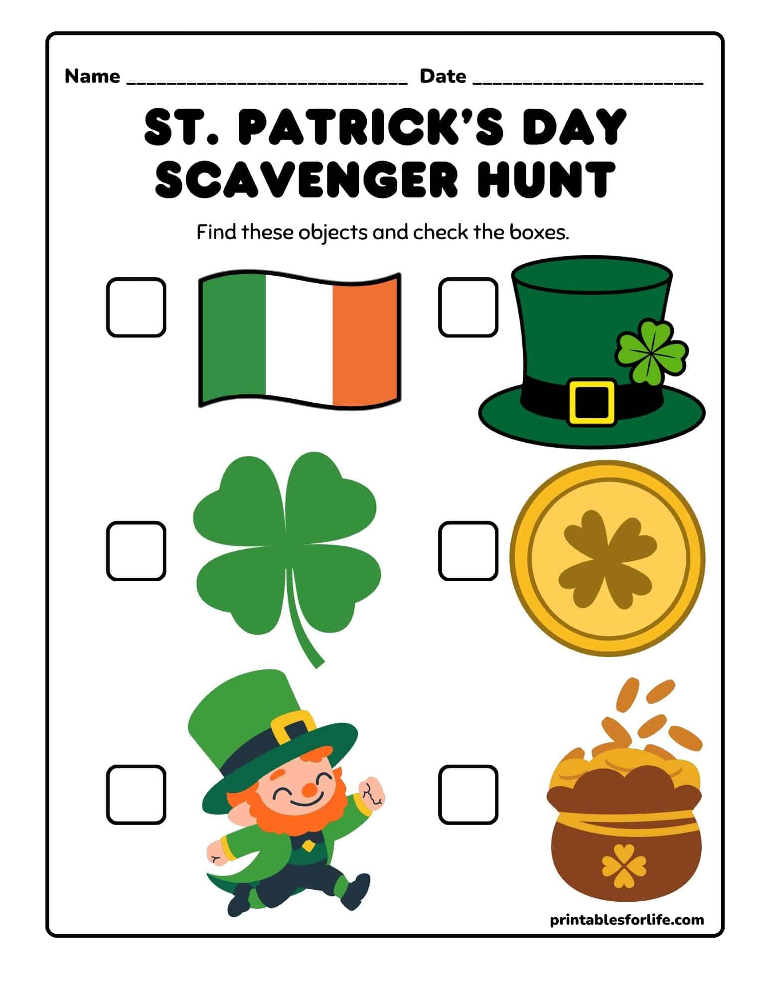 St. Patrick's Day scavenger hunt printable with icons like flag, hat, shamrock, coin, leprechaun, and pot of gold.