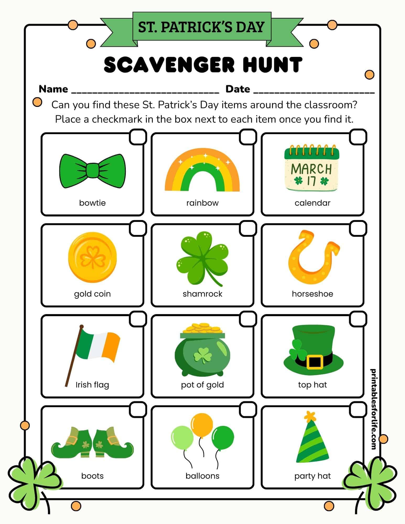 St. Patrick's Day scavenger hunt printable with 12 item cards on a grid for kindergarten through elementary.