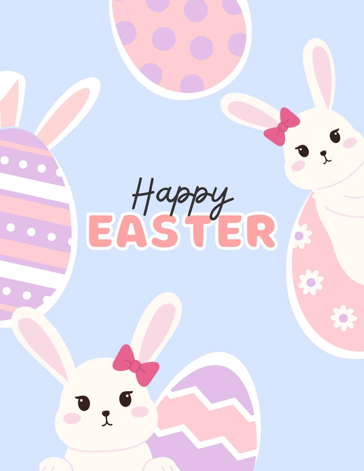 Happy Easter sign printable with pastel bunnies and decorated eggs.
