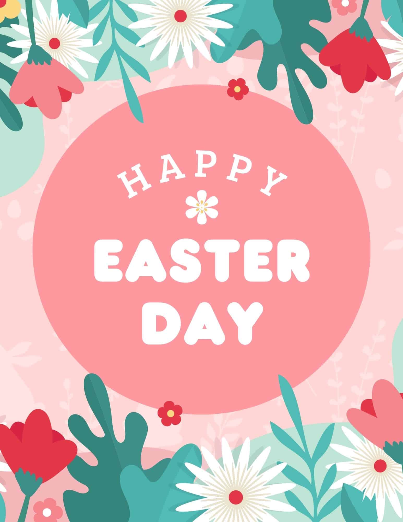 Free printable Happy Easter sign with pink circle and spring flowers.