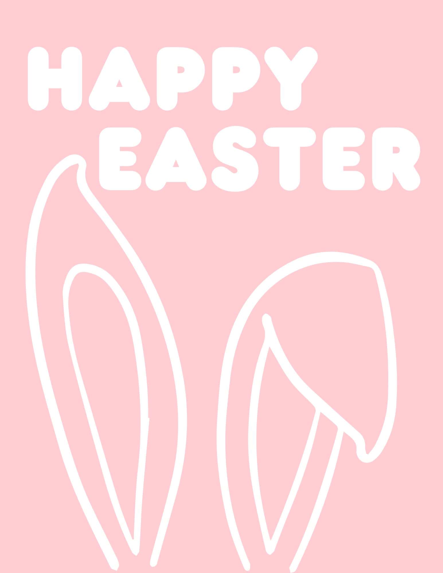 Pink printable Happy Easter sign with white outlined bunny ears.