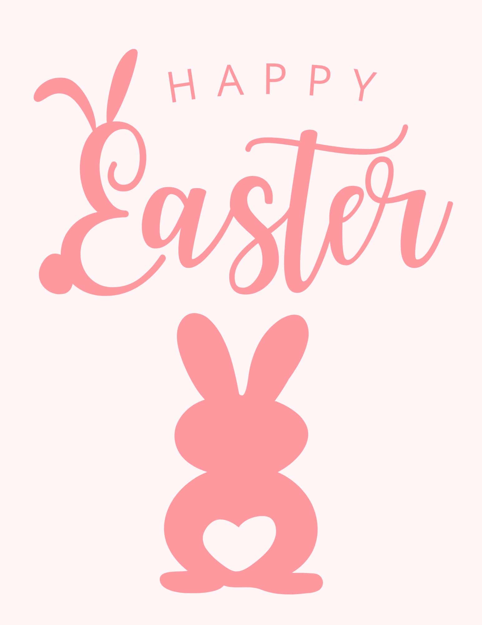 Pink 'Happy Easter' printable sign with bunny silhouette and heart cutout.