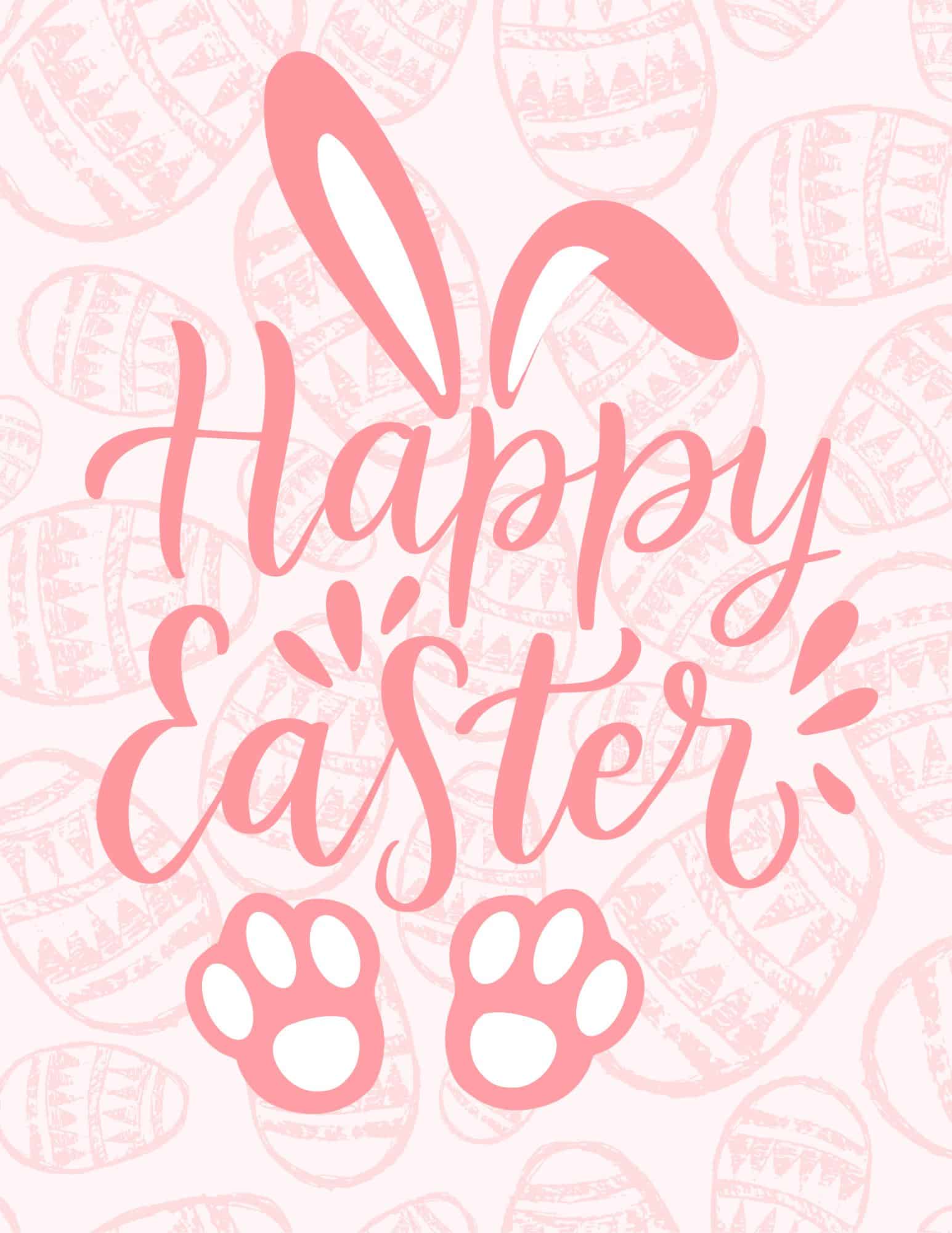 Pink 'Happy Easter' printable with bunny ears and paw prints over egg pattern.