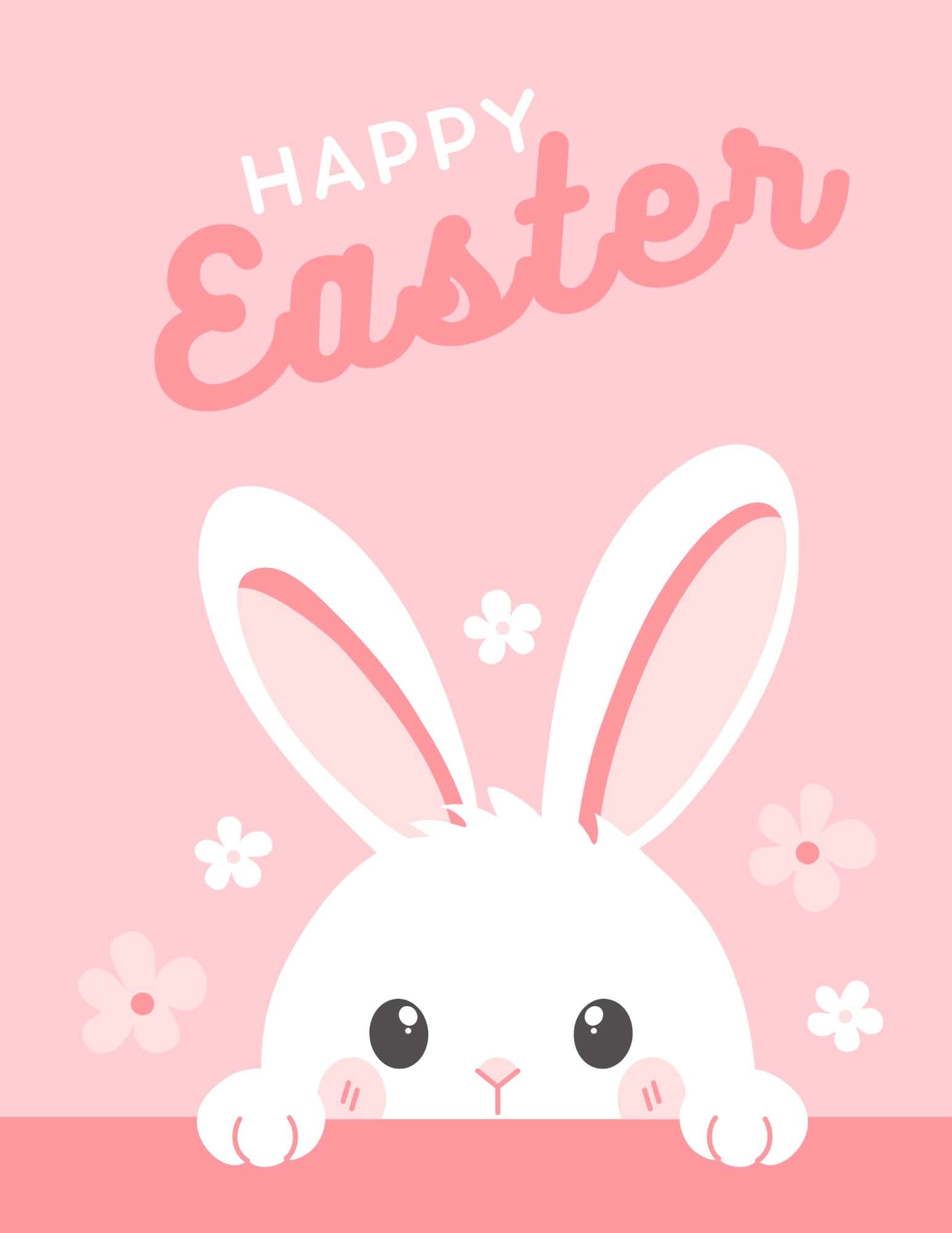 Pink Happy Easter printable sign with a white bunny peeking over a ledge.