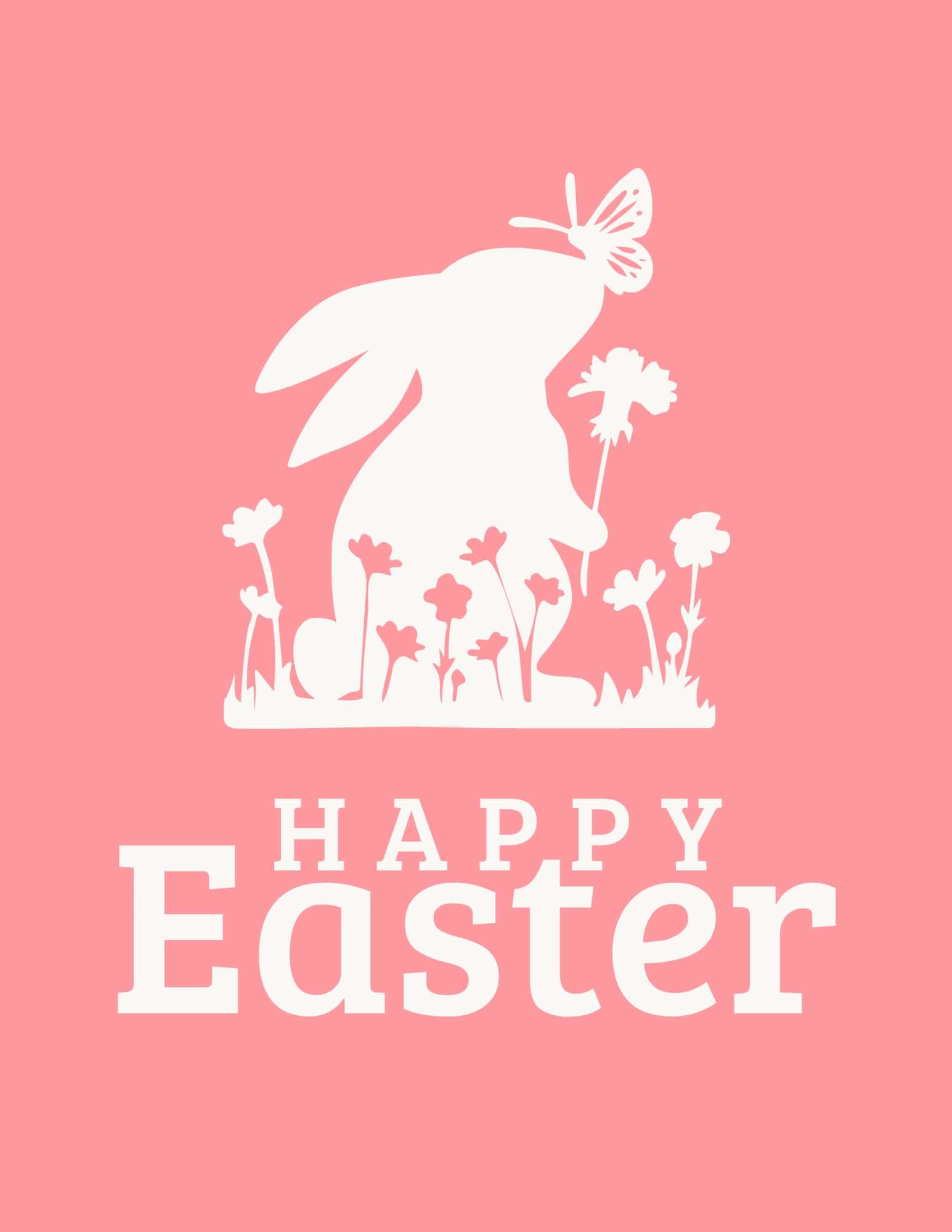Pink Easter printable with white bunny silhouette, butterfly, flowers and 'Happy Easter' text.