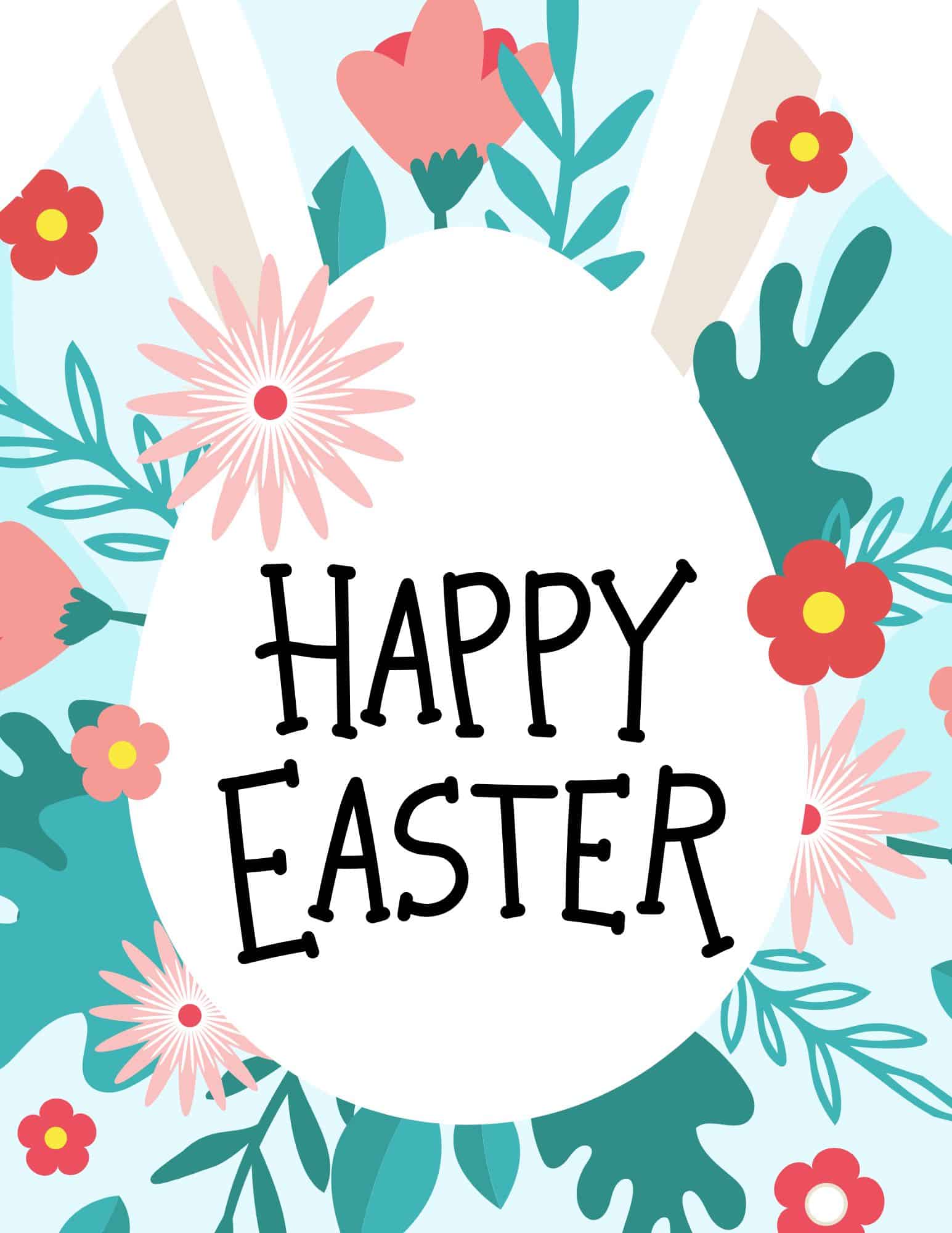 Happy Easter egg-shaped printable sign with flowers and bunny ears.