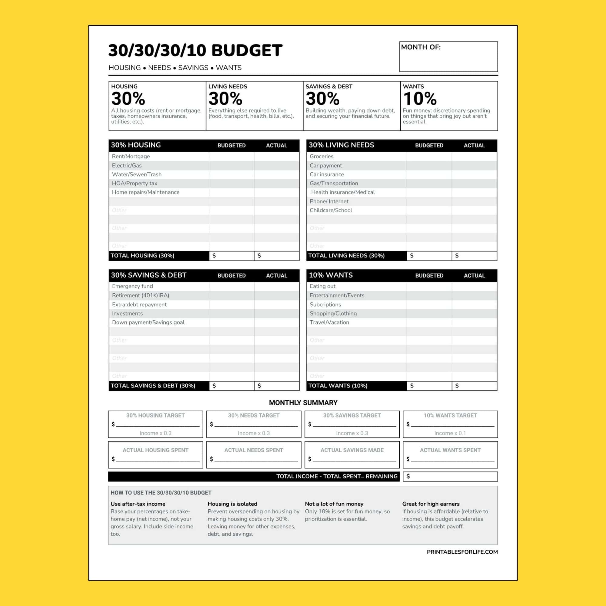 A clean 30/30/30/10 budgeting worksheet with sections for housing, needs, savings, and wants, plus monthly summary.