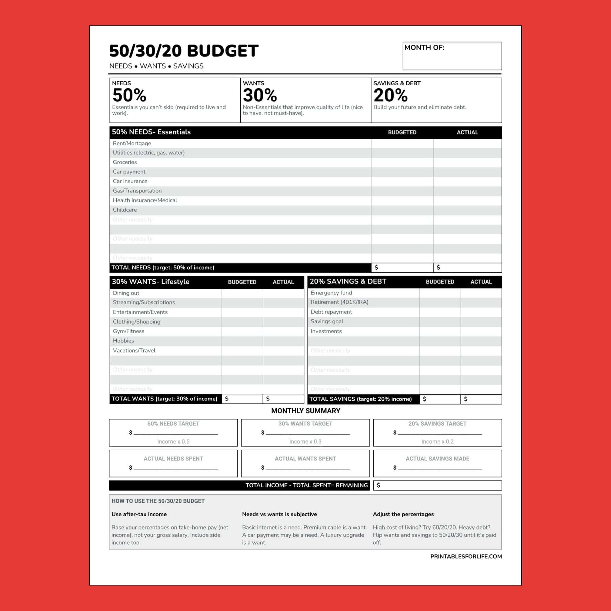 A red-framed 50/30/20 budgeting worksheet showing columns for Needs (50%), Wants (30%), and Savings (20%) with budgeted and actual fields.