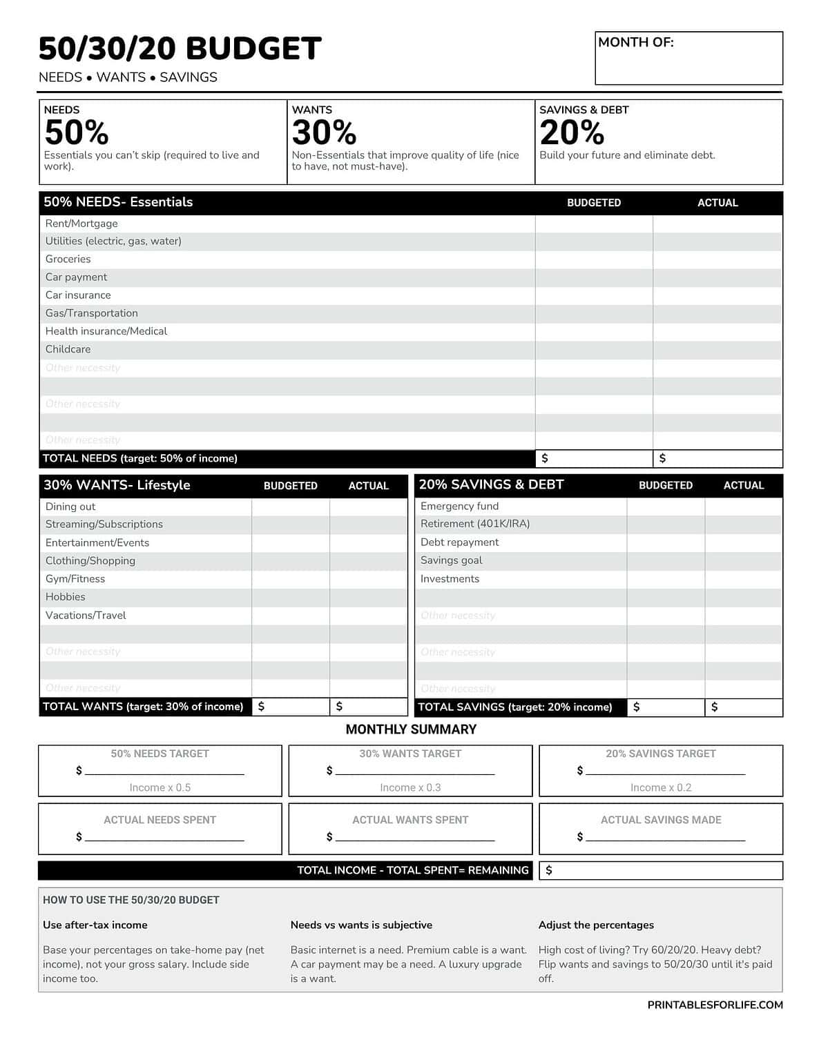 Best 50-30-20 Budget Template for Beginners: Free Printable Worksheet