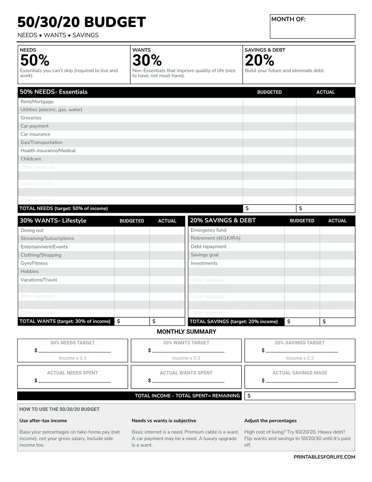 Single-page 50/30/20 budgeting worksheet with sections for Needs (50%), Wants (30%), and Savings/Debt (20%) and fillable budget columns.