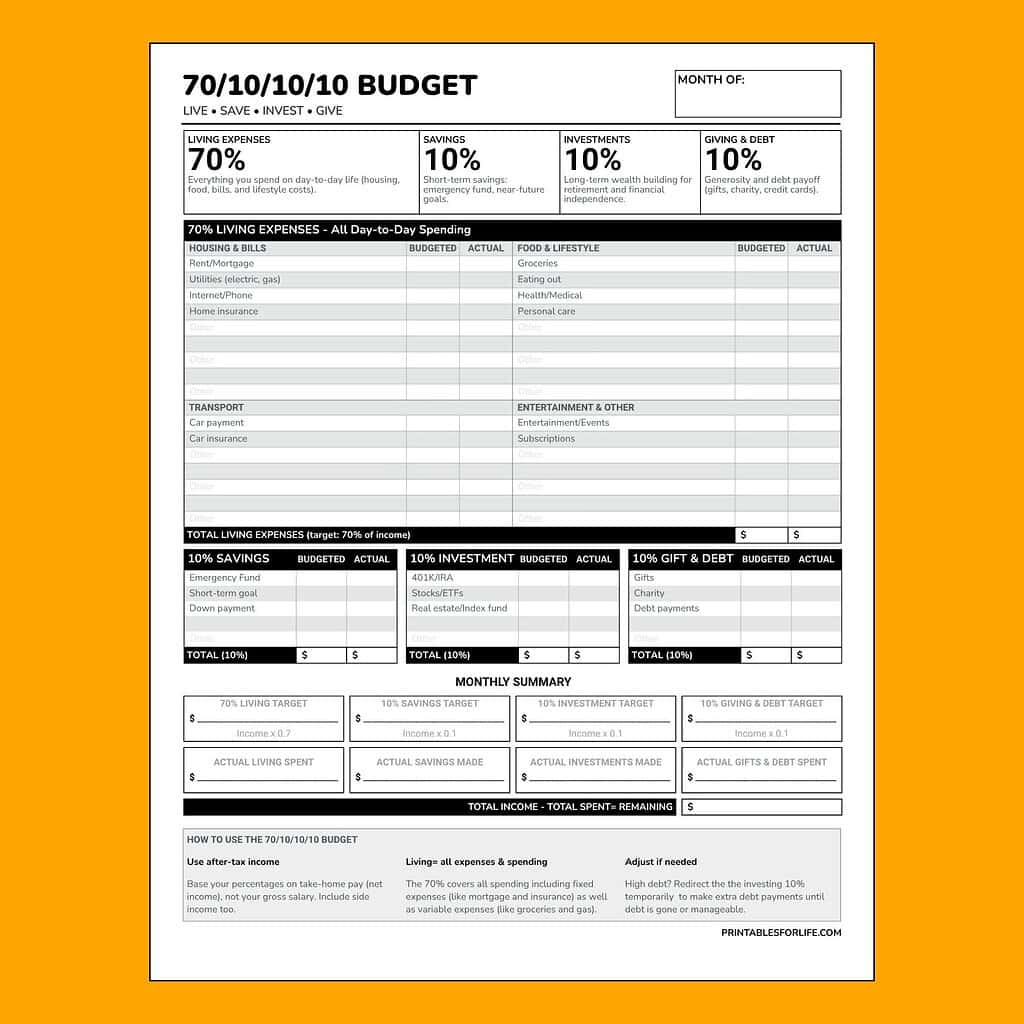 70-10-10-10 Budget Template Printable PDF