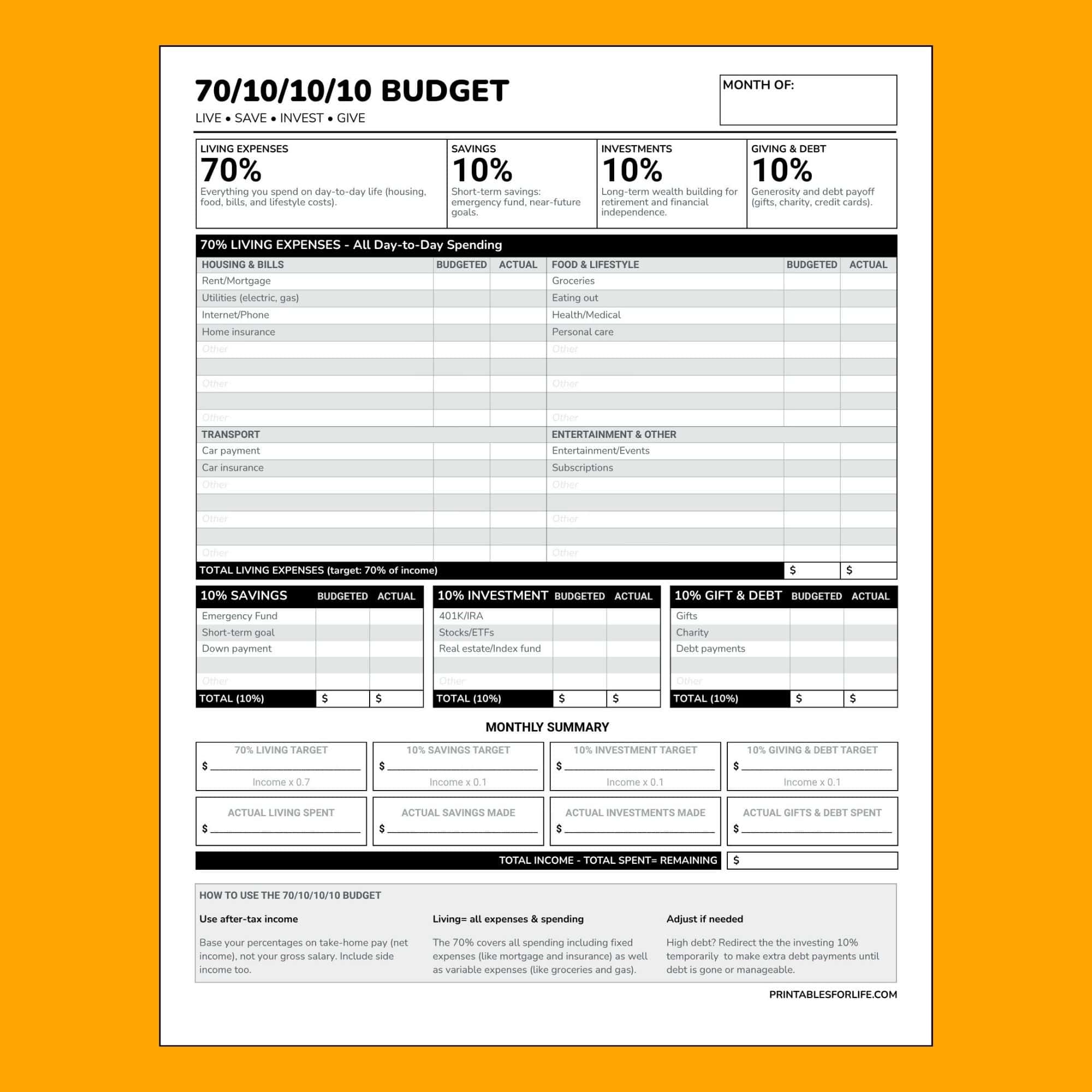Single-page 70/10/10/10 budget worksheet with sections for living expenses, savings, investments, and giving, on orange background.