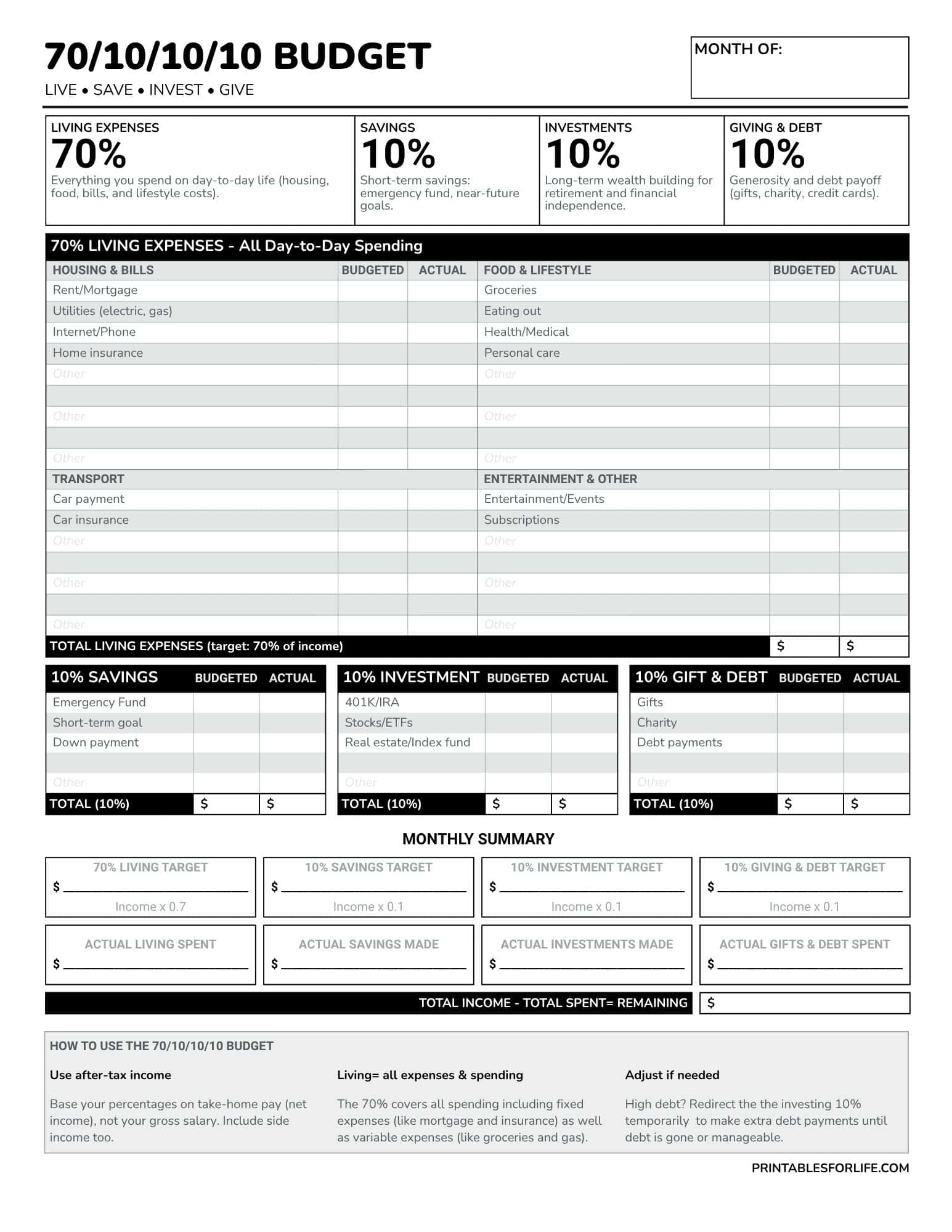 Black-and-white 70/10/10/10 monthly budget worksheet with sections for living expenses, savings, investments, and giving/debt.
