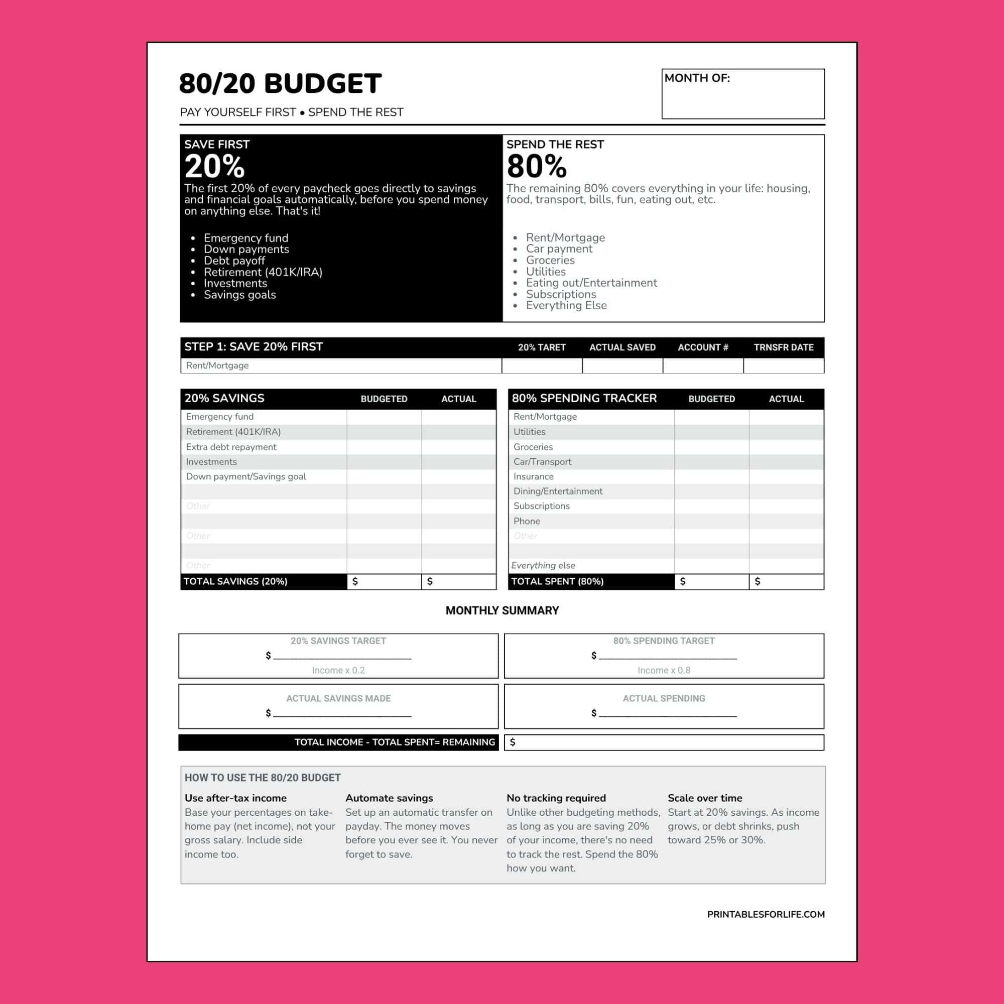 Portrait-oriented 80/20 budget worksheet with two-column savings and spending trackers, bold headings and pink border.