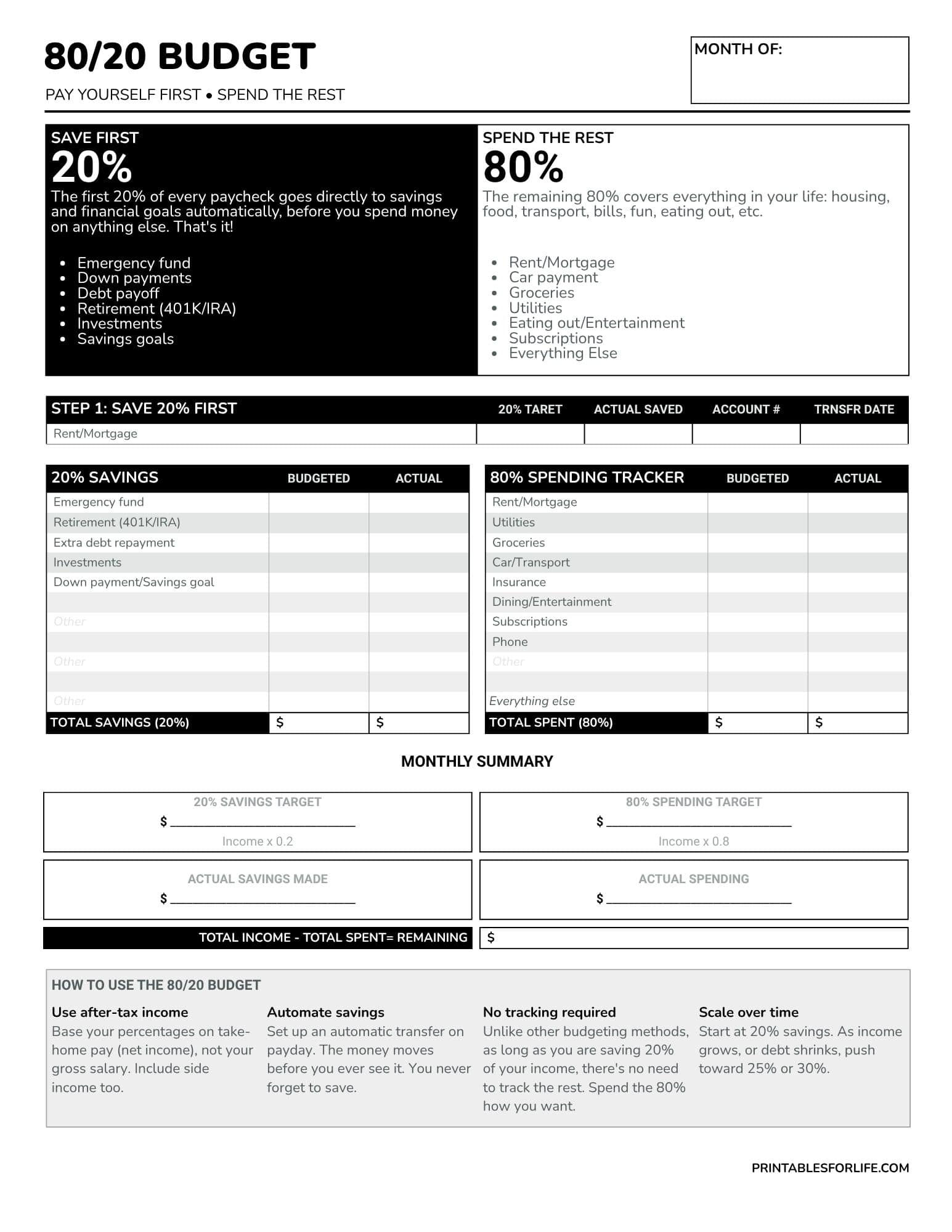 Black-and-white 80/20 budgeting worksheet with sections for 20% savings, 80% spending, trackers and monthly summary.